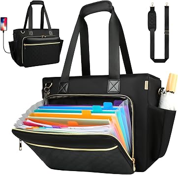Teacher Tote Bag with Colourful Accordion File Organizer Pocket, USB Port& 15.6 Inch Laptop Compartment, Large Work Bag with Insulated Pocket for School Teacher Essential Nurse Women Black
