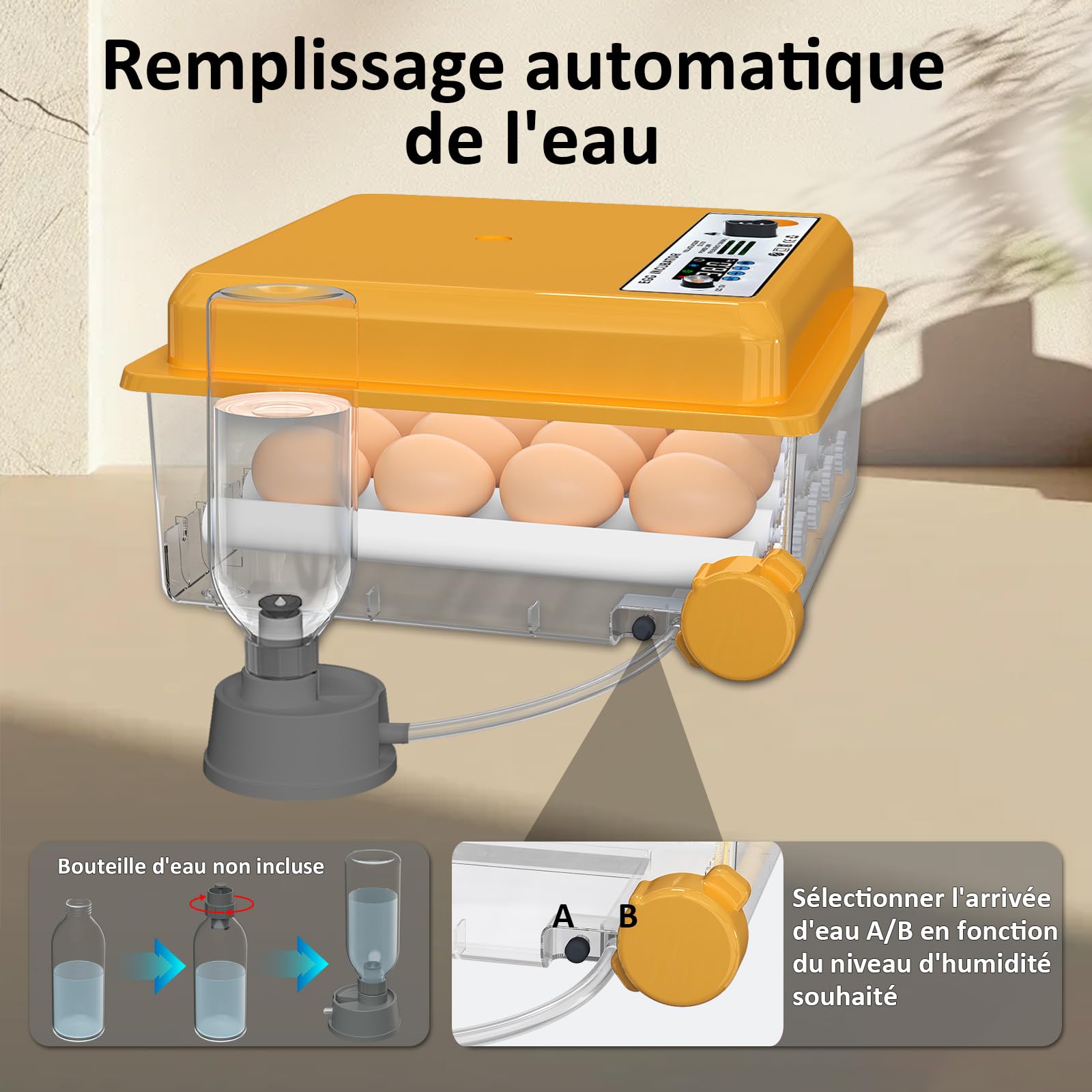 Couveuse Oeuf Automatique avec Contrôle de Température Retournement Automatique pour 16 Oeufs, Incubateur Oeuf rouleaux réglables et ajout automatique d'eau, Couveuse Mire Oeufs Intégré