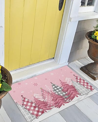 Miniatura 7 de Savannan Tapetes para suelo, árbol de Navidad a cuadros, copos de nieve, fondo rosa, antideslizante, parte trasera de látex, ultrafina, para