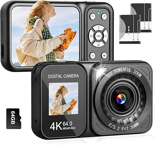Cámara digital, cámara de pantalla dual 4K 64MP, zoom de 18X, cámara digital de apuntar y disparar con tarjeta TF de 64 GB y 2 baterías, cámara