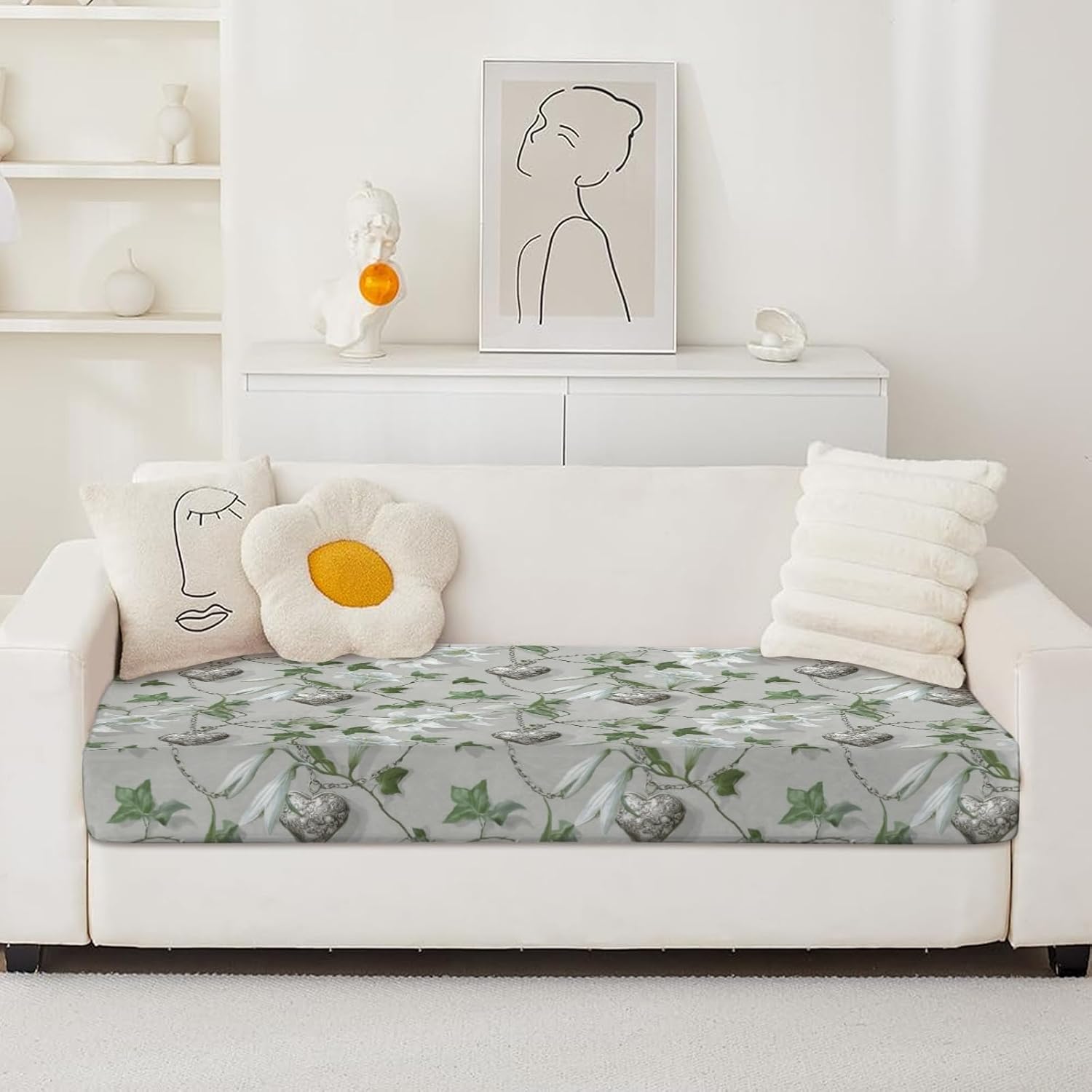 Silver Heart Bloom White Loveseat Covers Couch Covers for 2 Cushion Couch, 2-Piece Stretch Sofa Slipcovers Anti-Slip Washable Furniture Protectors for Dogs Pets