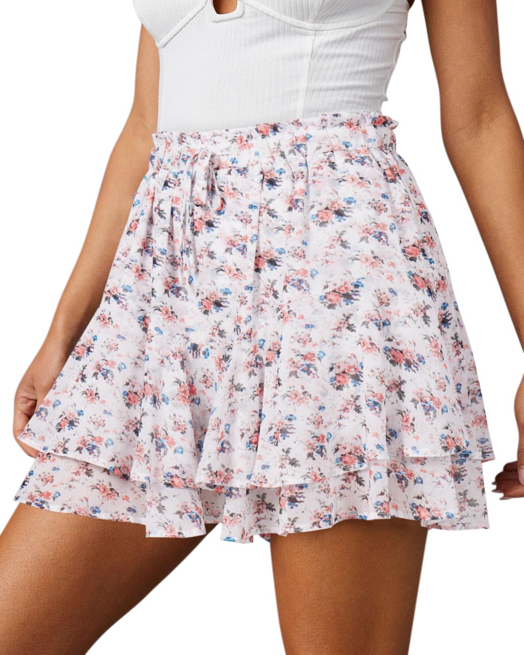 Aoudery Flowy Shorts for Women Casual Boho Floral Skorts Ruffle Mini Skirts Running Tennis Butterfly Chiffon Shorts