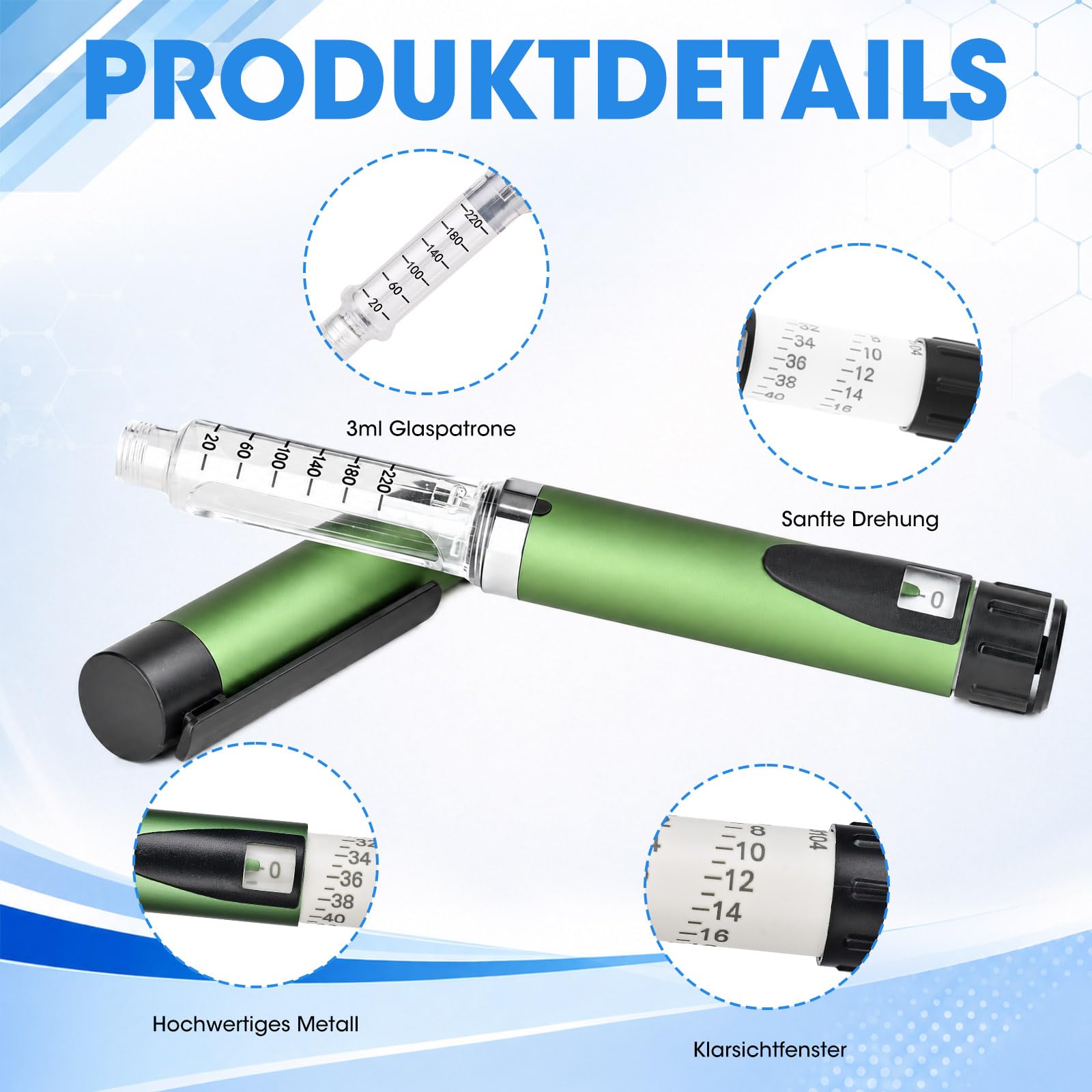 Pluma de insulina reutilizable, dial ajustable compatible, pluma portátil de 60 unidades con cartuchos de 3 ml, para uso diario y uso a largo plazo (verde)