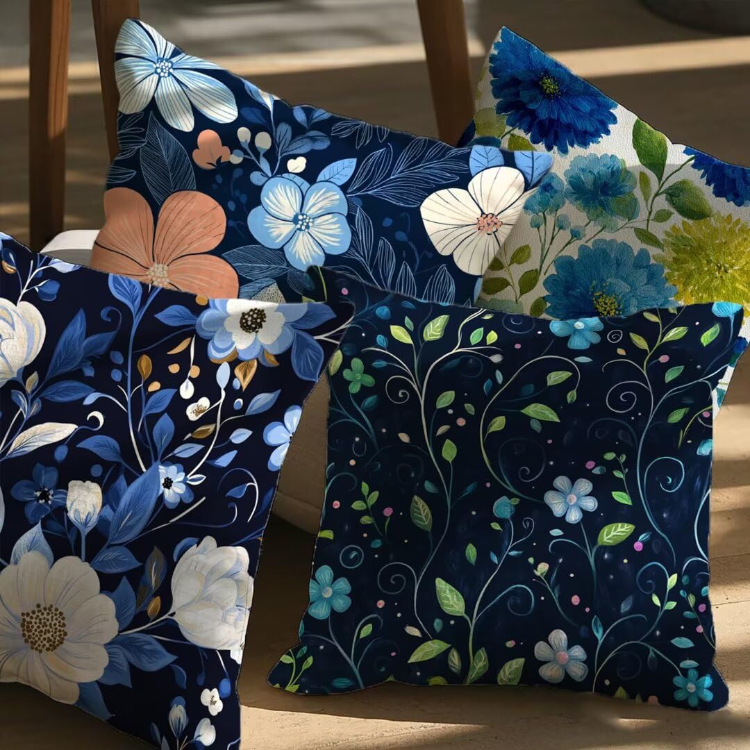 Lot de 4 Housse de Coussin 45x45cm, Housse de Canapé Usine Motif Décoratif Imperméable Lin Taie d'oreiller avec Fermeture Éclair Invisible, Salon Chambre à Coucher Décoration de Maison, Floral Ym627