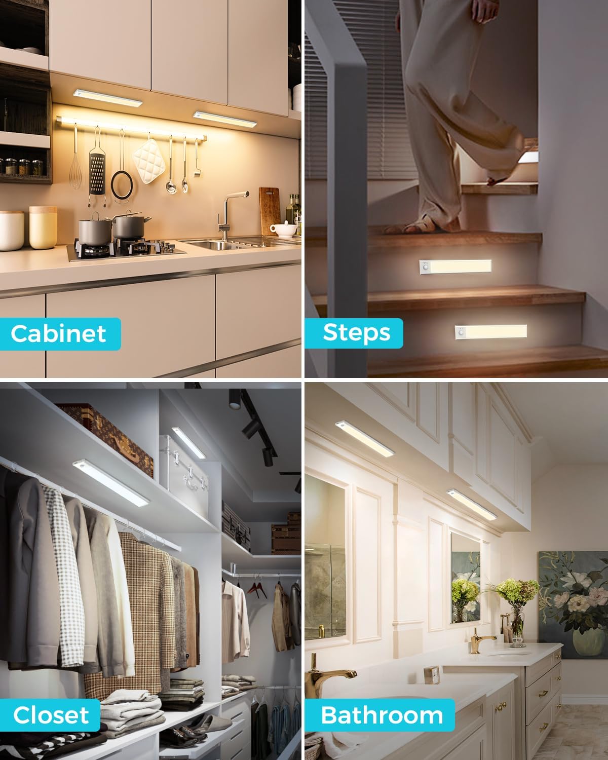 libtit 30CM Unterbauleuchte Küche Led, Dimmbar Schrankbeleuchtung mit Bewegungsmelder, 3000K-4000K-6500K Farbmodi, Hell USB Aufladbar Lichtleiste für Schrank Treppe Flur, 4Stück