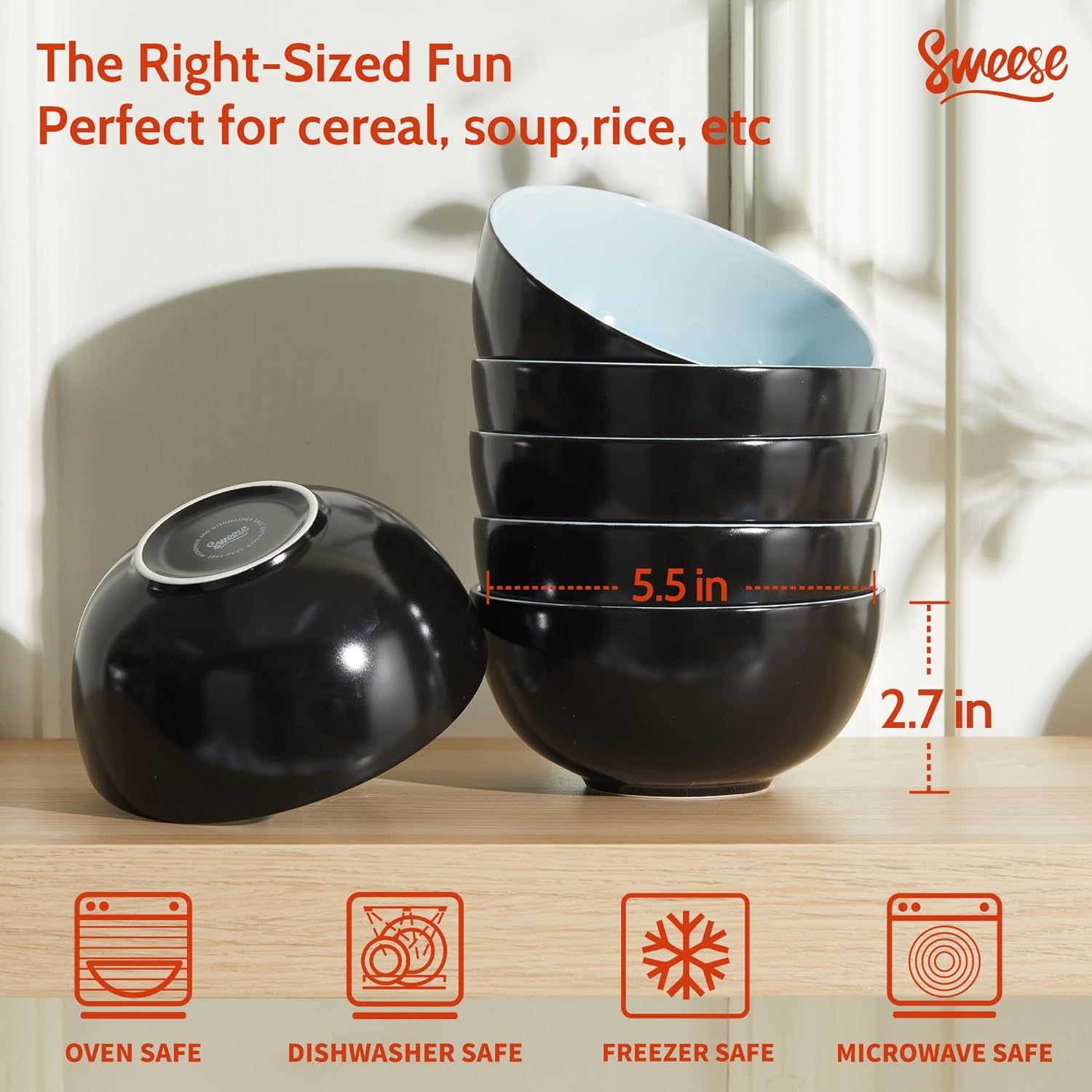 Sweese Porcelain Bowls Set of 6, 20oz Lightweight Round Cereal Bowls Set - Dishwasher, Microwave, Oven Safe, Scratch Resistant, Kitchen Serving Dishes -Black & Blue