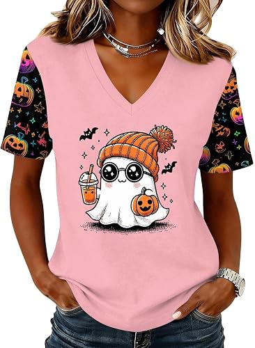 Ghost Halloween Shirt for Women V Neck Horror Fall Bat Pumpk