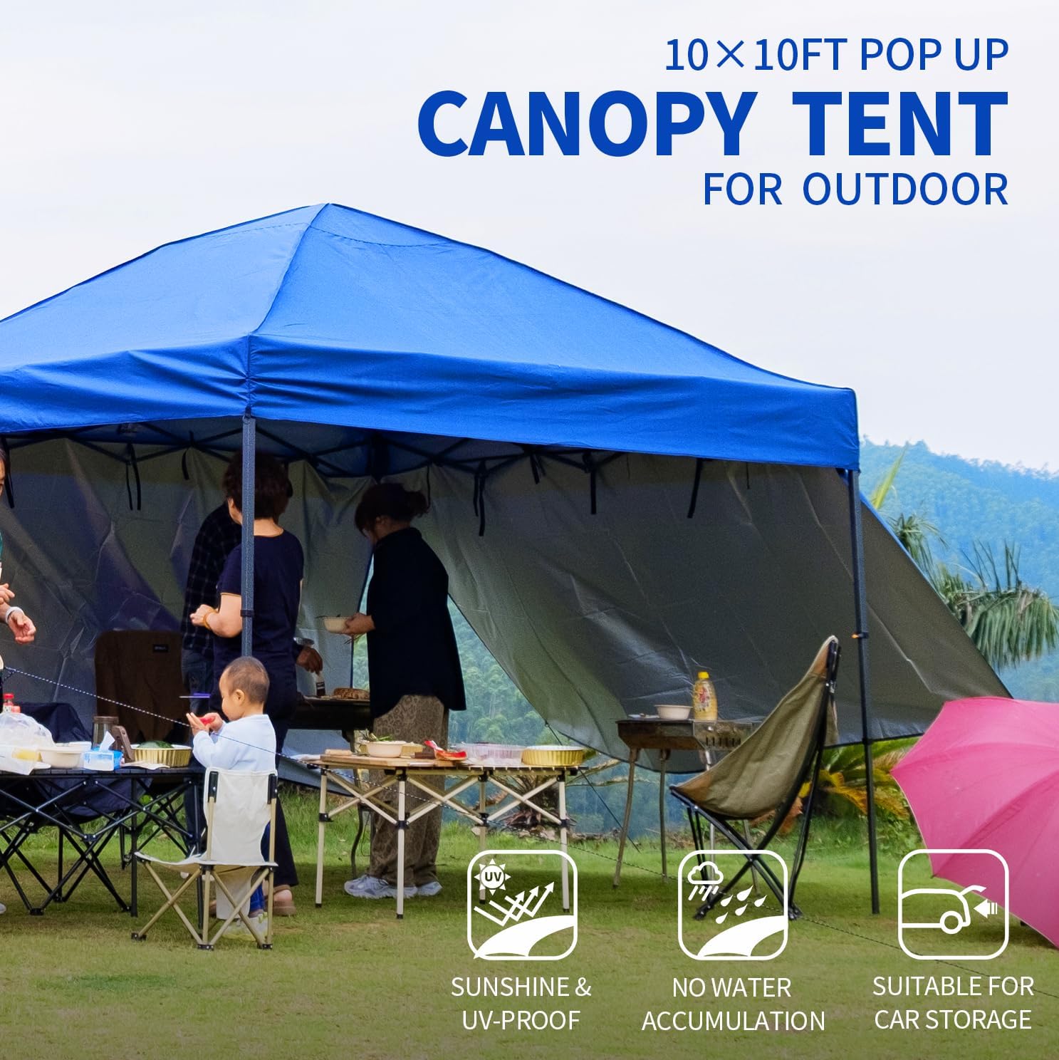 10x10 Pop Up Canopy Tent with 2 Sidewalls, Easy Up Canopy Outdoor Party Sun Shade Tent Portable Gazebo for Beach Camping Events with Carry Bag and 4 Sand Bags
