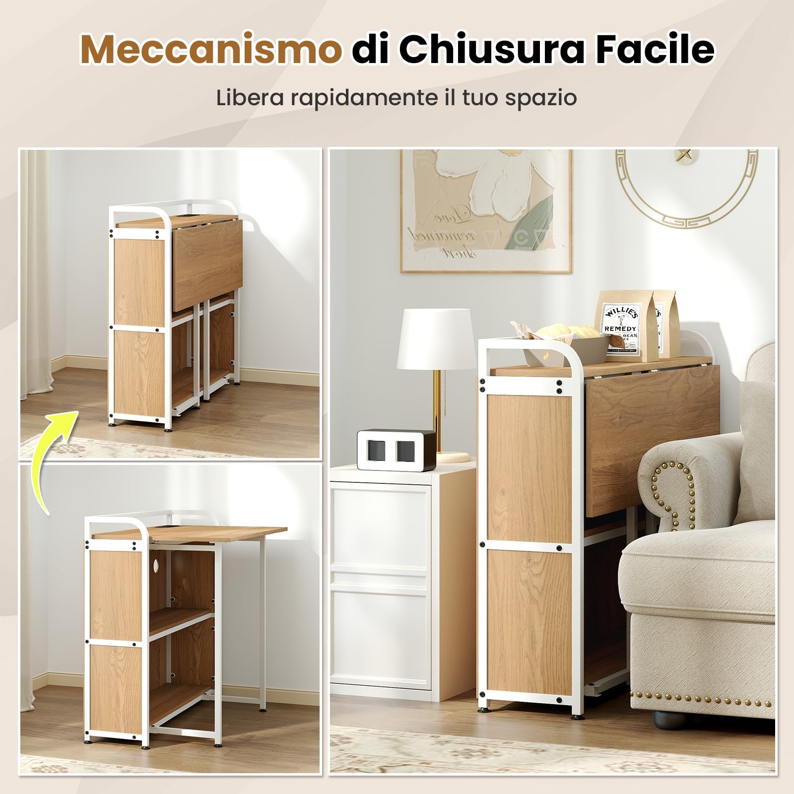 COSTWAY Scrivania Pieghevole con Sgabello, Scrivania Portatile con Scaffale e Stazione di Ricarica, Tavolo da Scrittura con Sedia per Studio e Ufficio (Naturale)