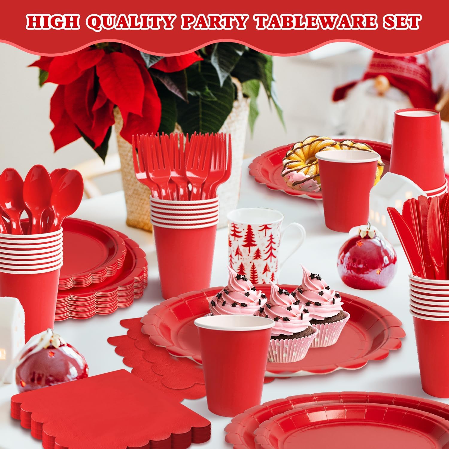 Vyntra 350 Pcs Red Disposable Paper Plates and Napkins Set for 50, 9" Dinner Plates & 7" Dessert Plates, Tableware for Christmas, Valentine’s Day, Birthday, Party - Image 5