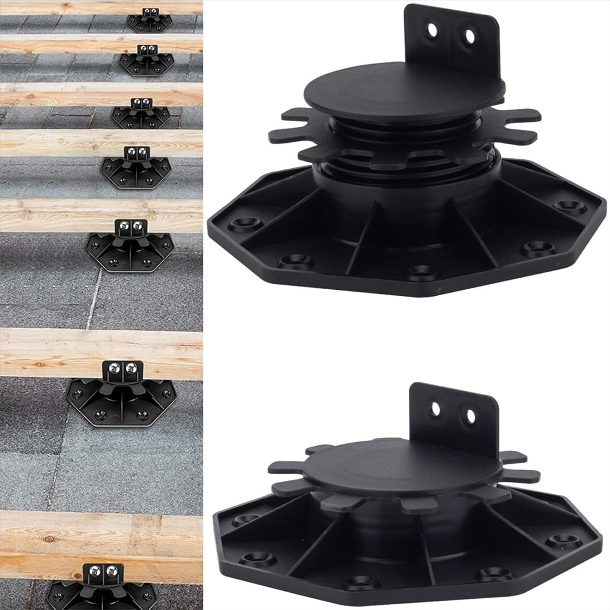 12Pack Adjustable Deck Support Pedestal Deck Foundation Base Support for Floating Deck Platform Deck Floor Height Adjustment Raising from 1-3/16"" to 2-3/8"", Black