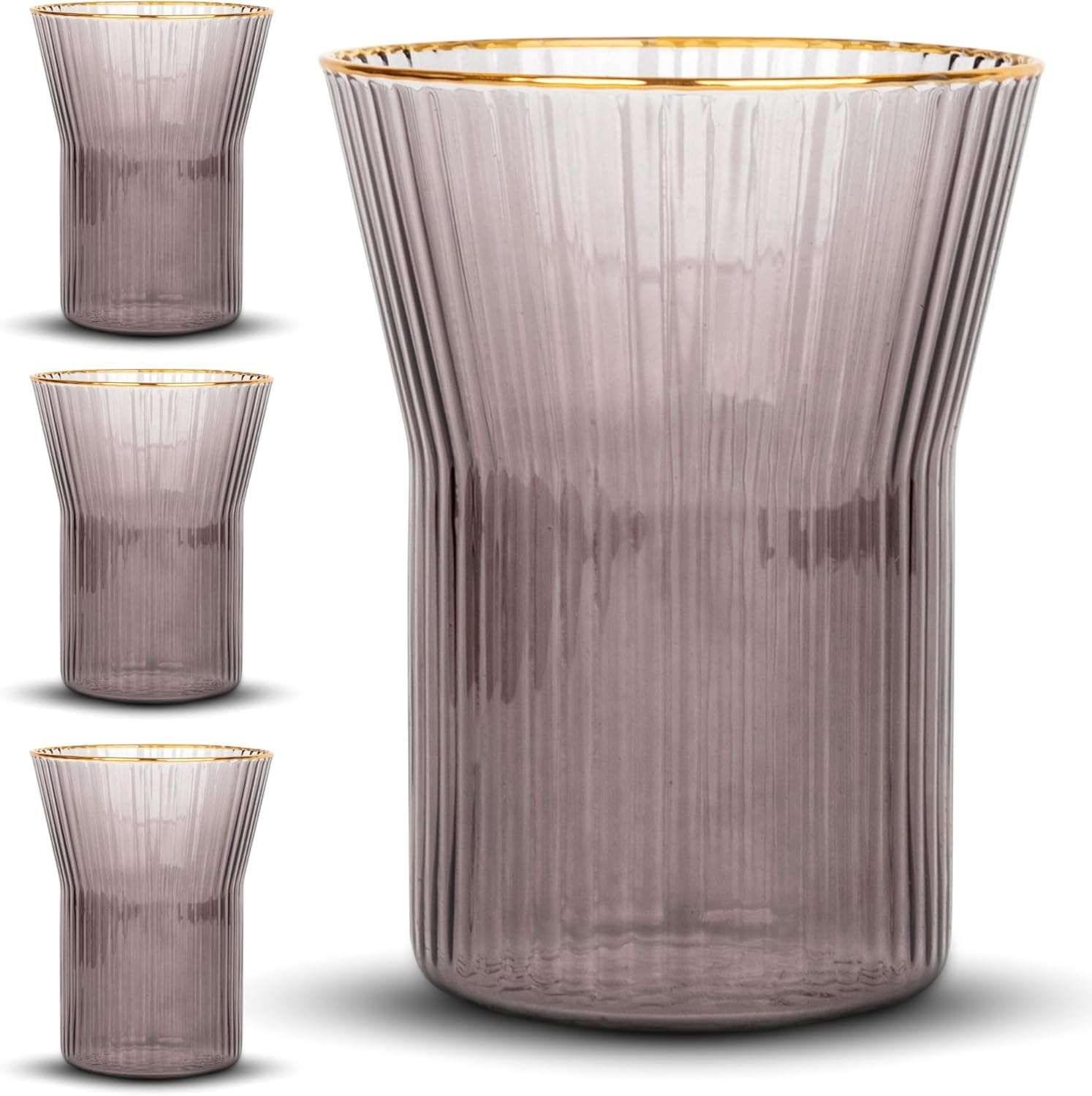 Bruno Magli 10 oz Signature Barware Collection Whiskey Glasses with Gold Rim – Set of 4, Ribbed Old Fashioned Glasses for Scotch & Bourbon, Elegant Crystal Drinkware for Home Bar (Smoke Gray)