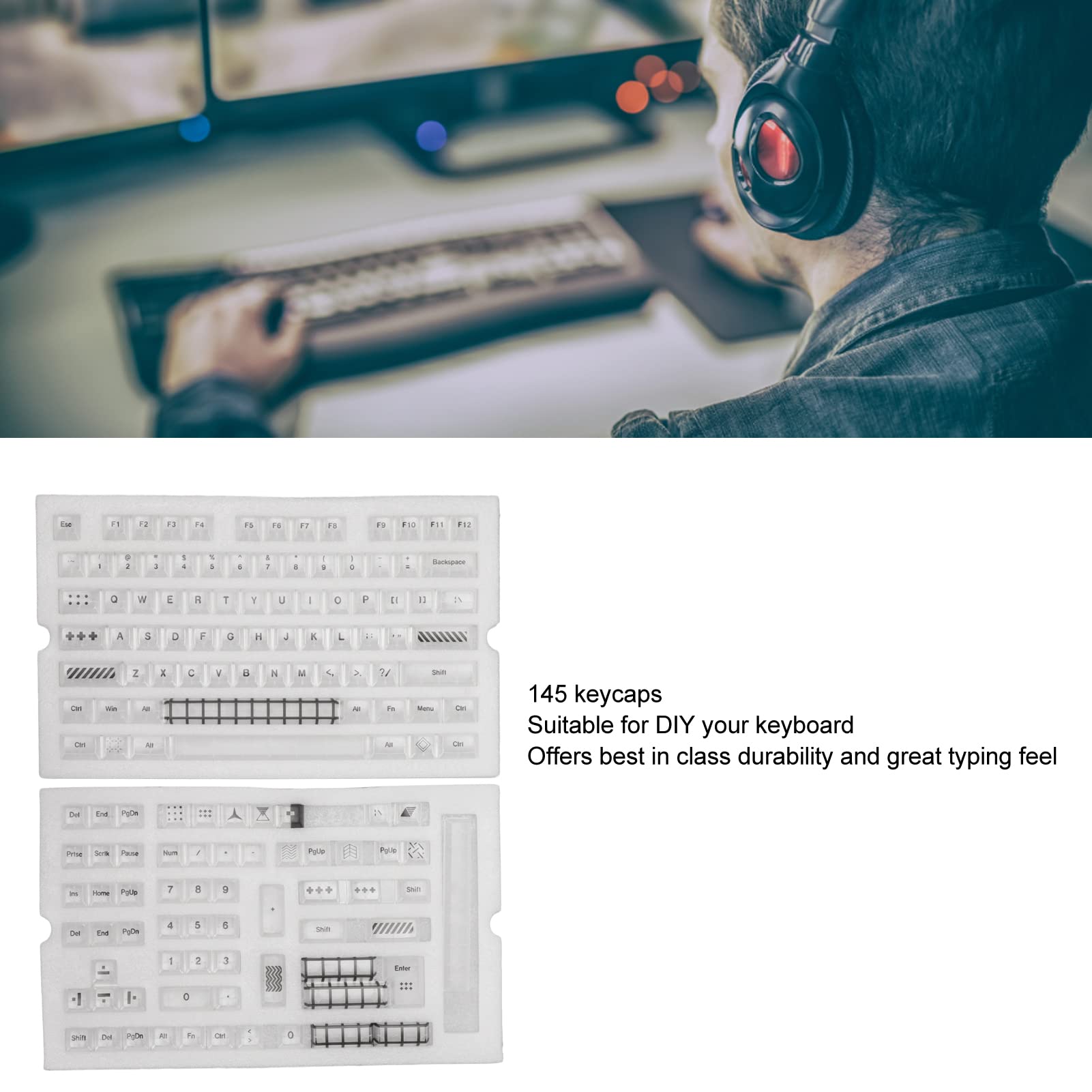 145 Klawiszy Zestaw Przezroczystych Klawiszy, Klawisze Profilu PC KCA do Wysokości Wiśni, DIY Uniwersalne Przezroczyste Klawisze KCA ze ściągaczem do Klawiatury Mechanicznej