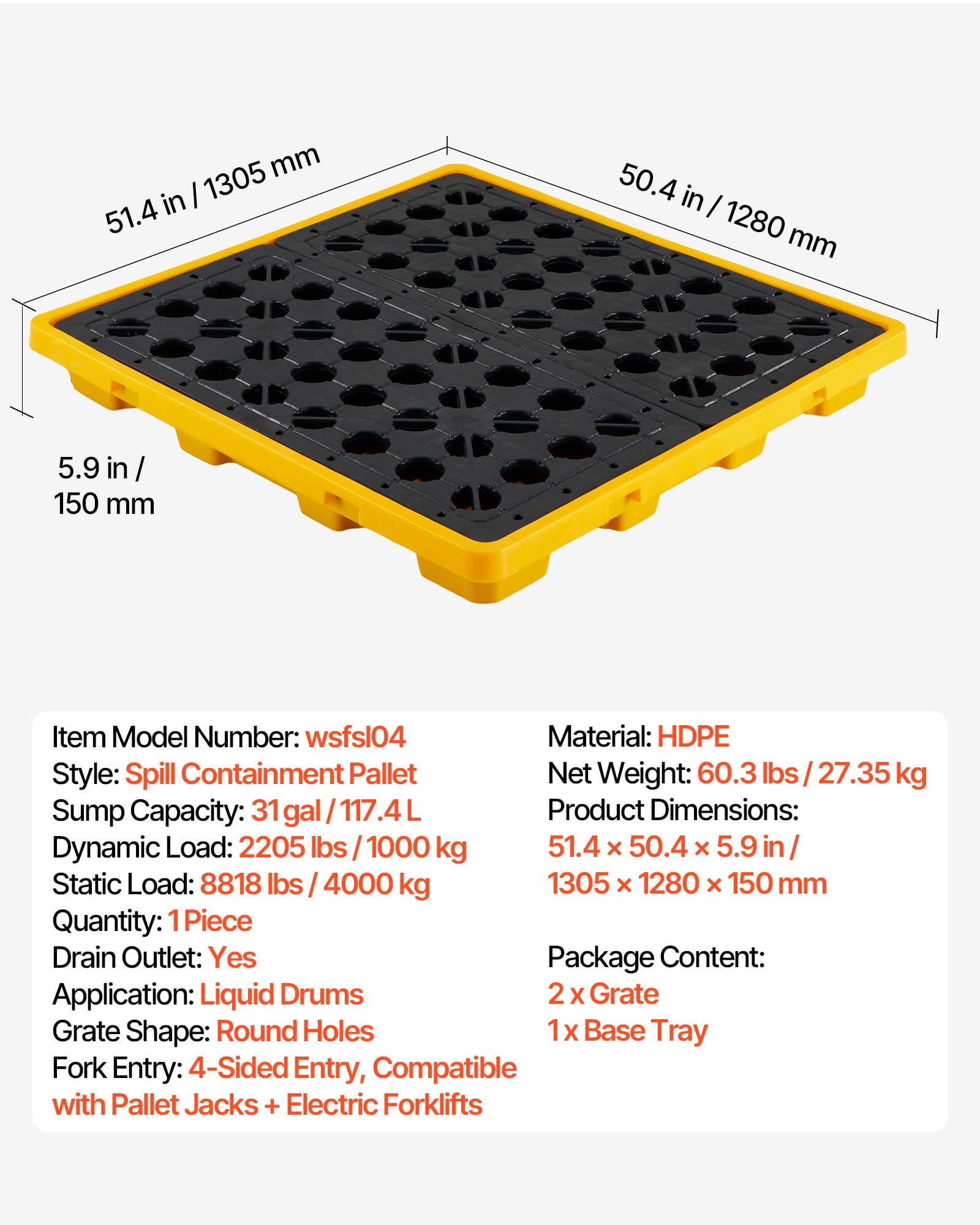 VEVOR Palette de Rétention pour 4 Fûts, Bac de Rétention avec Caillebotis et Drain, Plateforme de Déversement en PEHD à Profil Bas, Capacité 117,4 L, Charge Maximale 4000 kg, 1305x1280x150 mm, Jaune