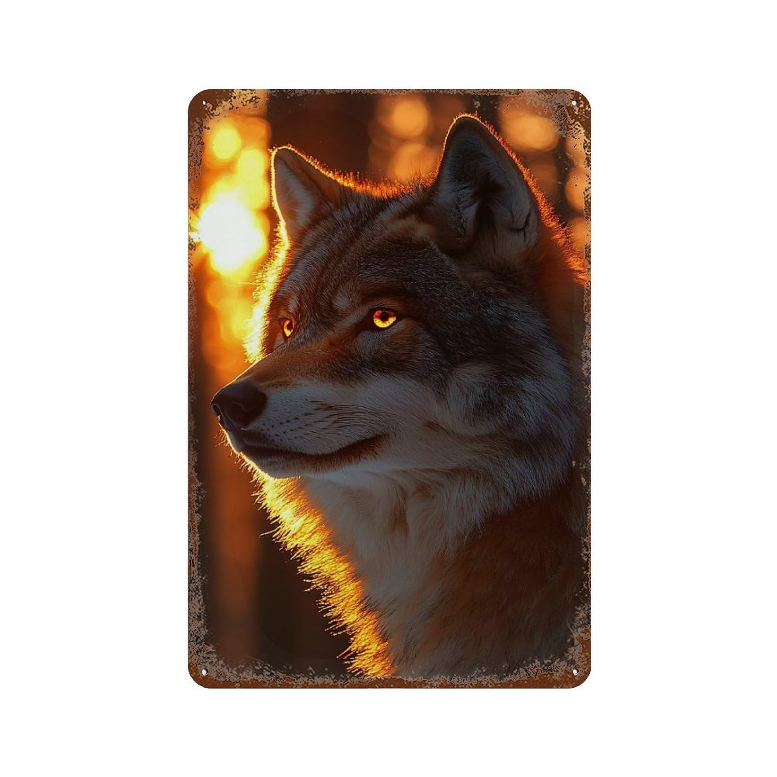 Rust Effect Wolf in Golden Light Rusty Metal Tin Sign 11.8"x7.9", Farmhouse Wall Decor for Cafe, Home Bar And Lounge Decor