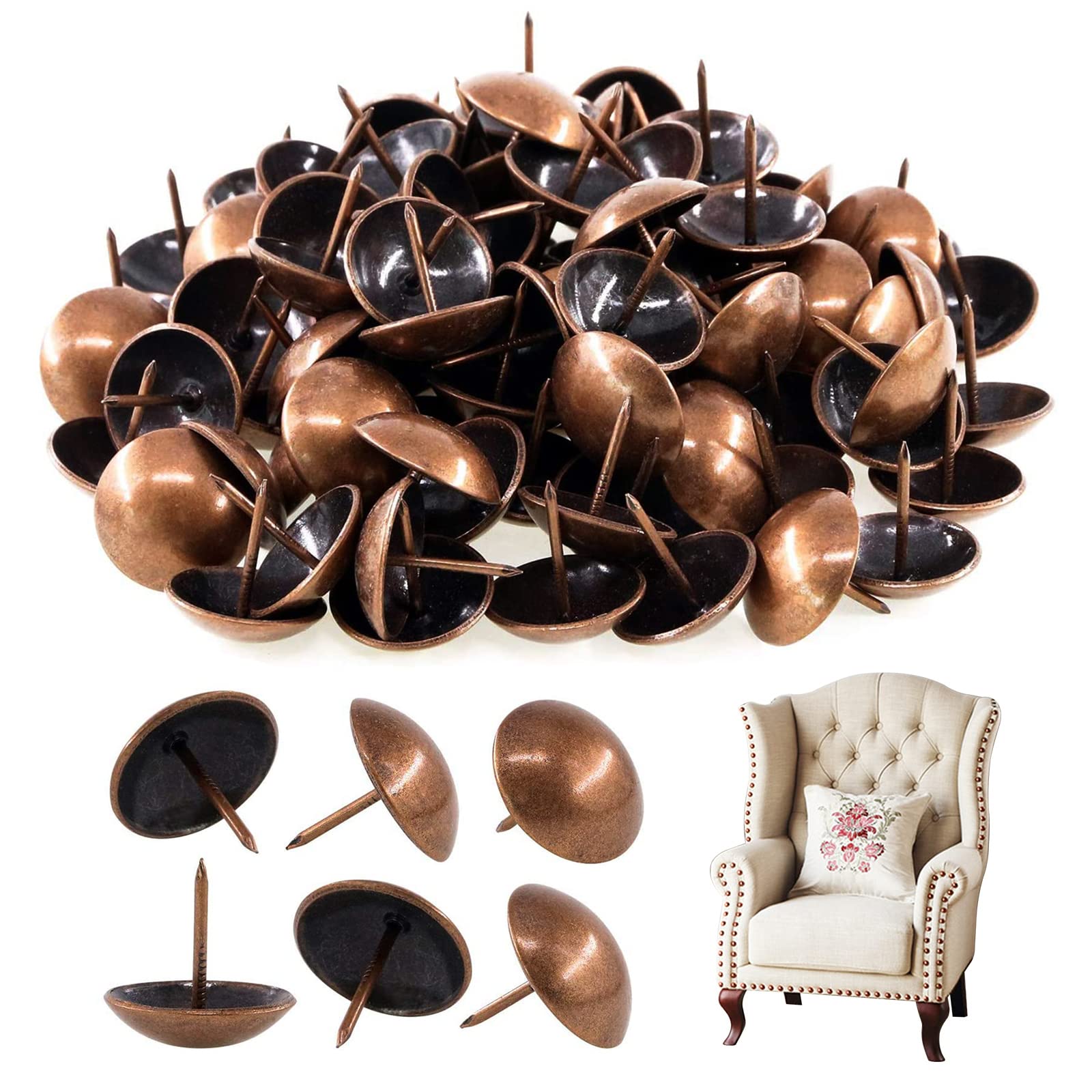 Antique Upholstery Decorative Tacks Furniture Sofa Thumb Tacks Nails Pins Assortment Kit for Upholstered Furniture Cork Board - Red Copper 1'' [100pcs]