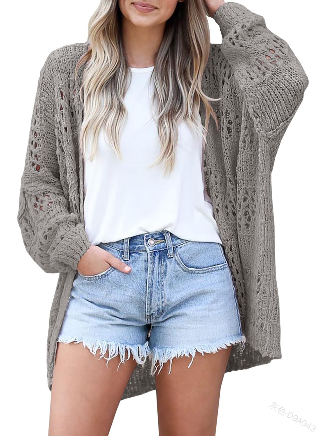 EIBA Chaqueta Punto Mujer,Cárdigans De Ganchillo De Punto para Mujer Moda De Longitud Media Botón Hueco Gris Liso Cárdigan De Suéteres Delanteros Abiertos Otoño Invierno Suelto Abrigo Básico De Pun
