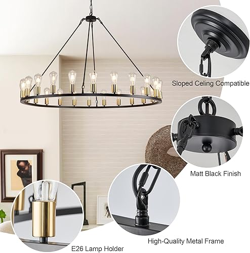 Miniatura 5 de Candelabros modernos de granja negros y dorados, lámpara industrial de 24 luces, lámpara de araña rústica redonda para comedor, isla de cocina, sala