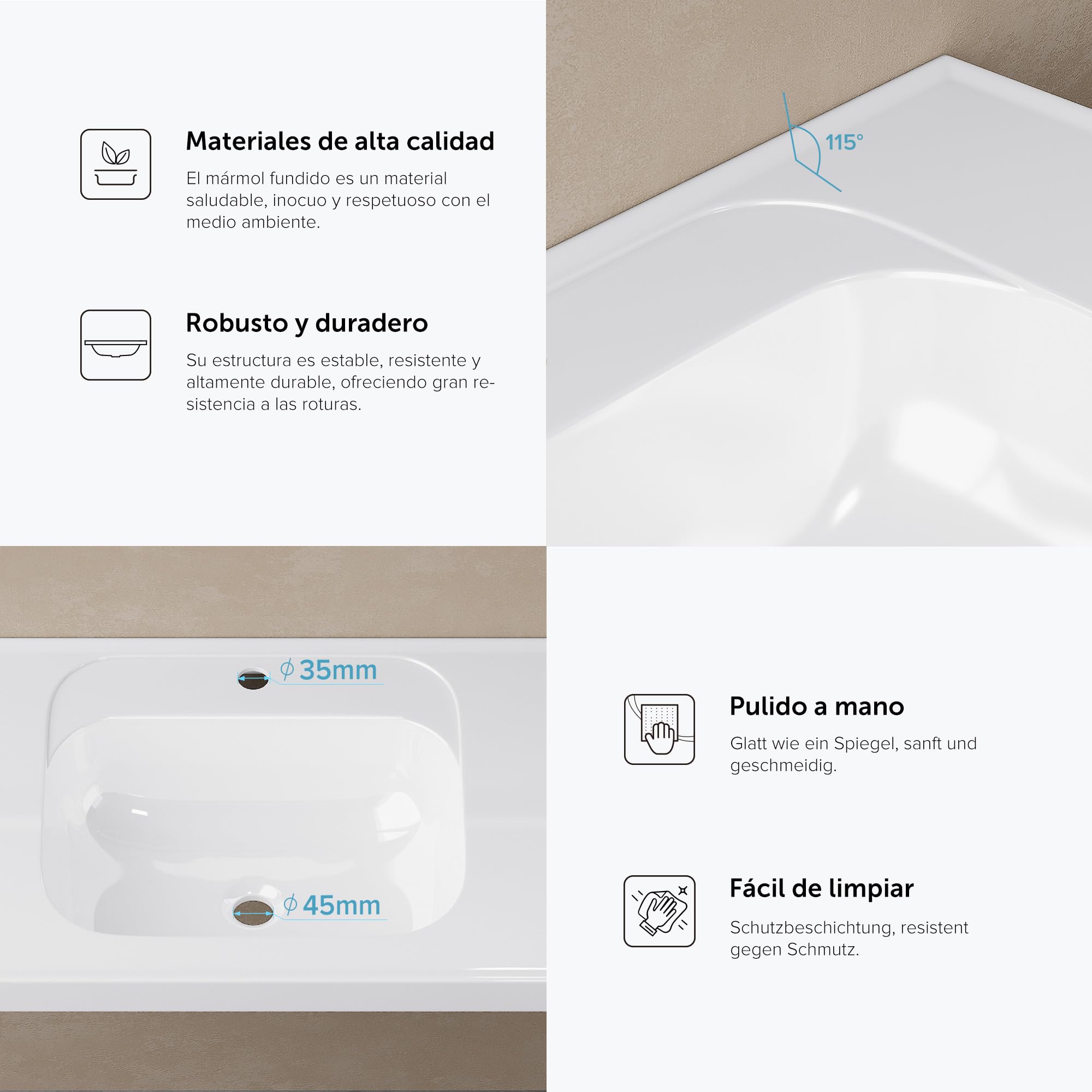 doporro Lavabo encastrado blanco para baño 60x50x16.5cm Colossum3601 lavabo de mármol fundido
