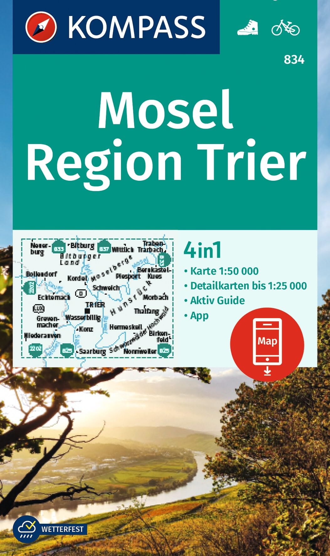 Mosel / Region Trier + Aktiv Guide (834): 4in1 Wanderkarte mit Aktiv Guide und Detailkarten inklusive Karte zur offline Verwendung in der KOMPASS-App. Fahrradfahren.