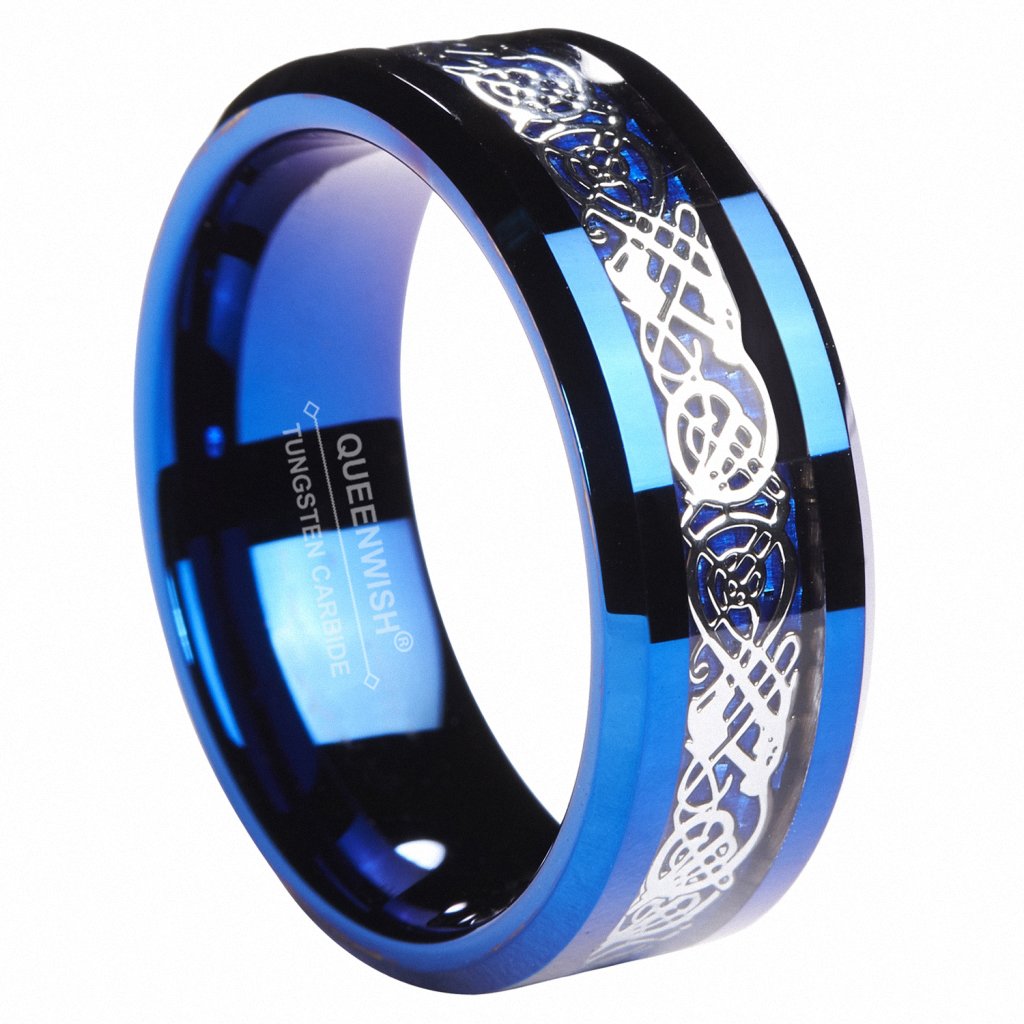 Queenwish 6mm 8mm Blue Tungsten Carbide Ring Celtic Dragon Blue