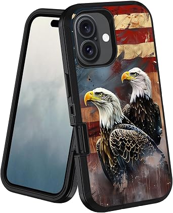 for iPhone 16 Case, Military Grade Heavy Duty [3-Layer] Dustproof Shockproof Drop Full-Body Protective Case for iPhone 16 6.1 Inch, 2024, American Flag Bald Eagle