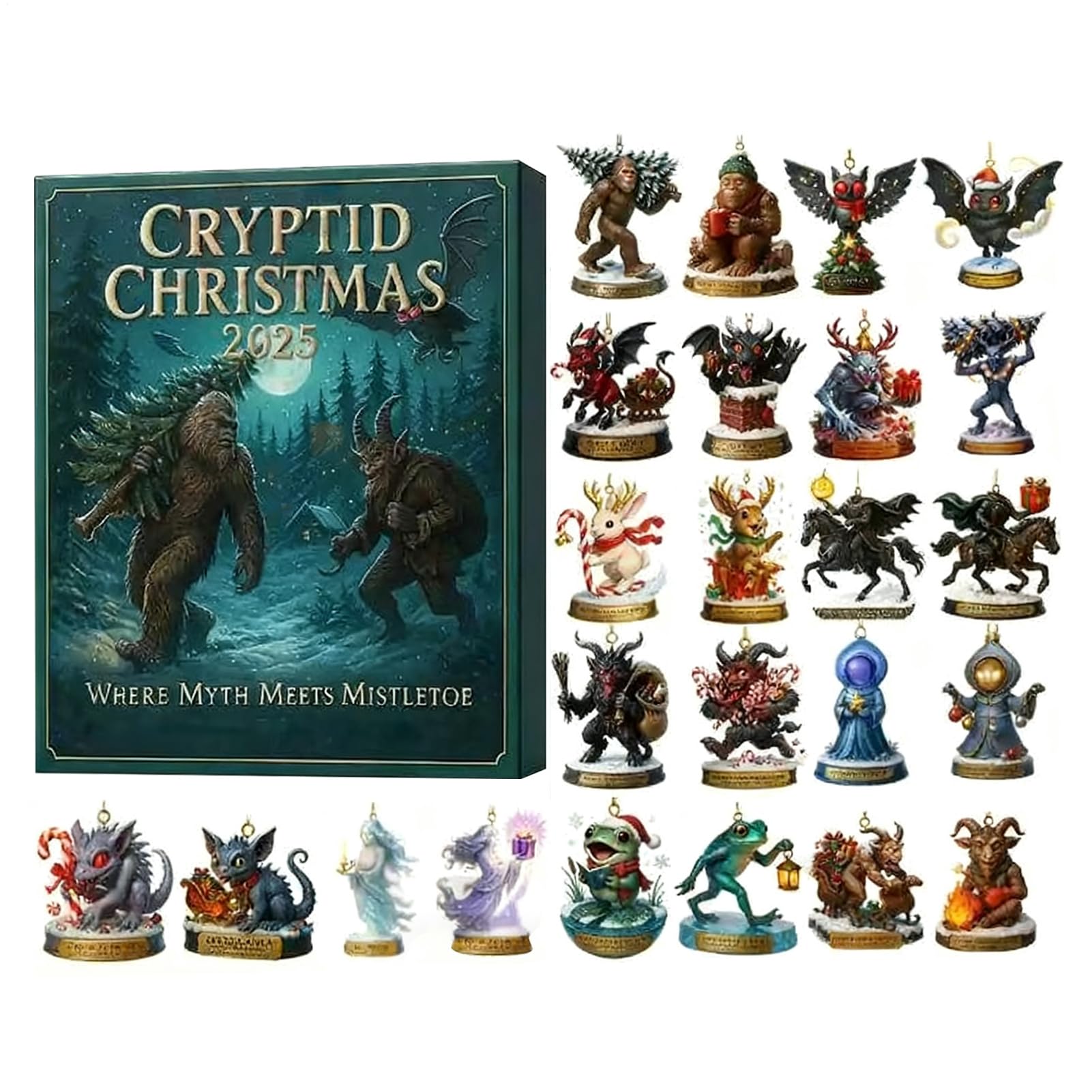 Mythical Creatures 2025 Advent Calendars, 24 Day Christmas Countdown Calendar With 24 2D Flat Acrylic Cryptids Toy, For Tree Decor & Cryptid Fans