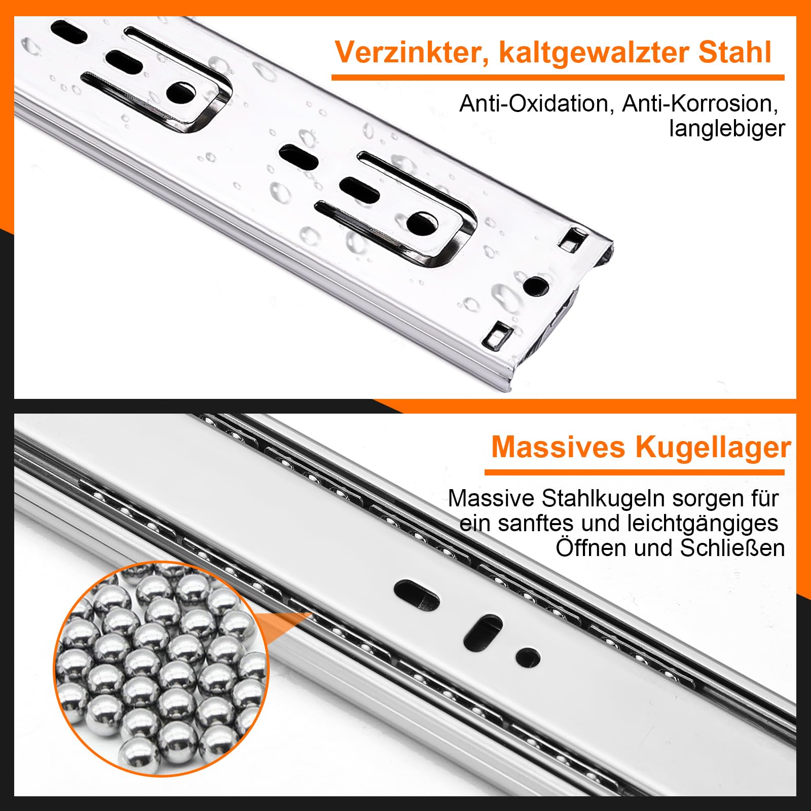 Schubladenschienen, 50cm, 6 Paar (12 Stück), sanft schließende, Vollauszug, 3-fach gefaltet, rollenauszug schubladenauszüge, seitliche Montage, schubkastenauszug, 45,4 kg Kapazität, Silber,20inch