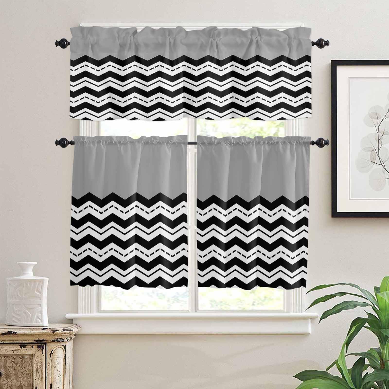 Black Chevron Kitchen Curtains 36 Inch Length,3 Piece Rod Pocket Small Half Tiers and Valance Set,Geometric Grey Print Wavy Striped White Small Large Window Treatment Decor for Bedroom/Bathroom Sink