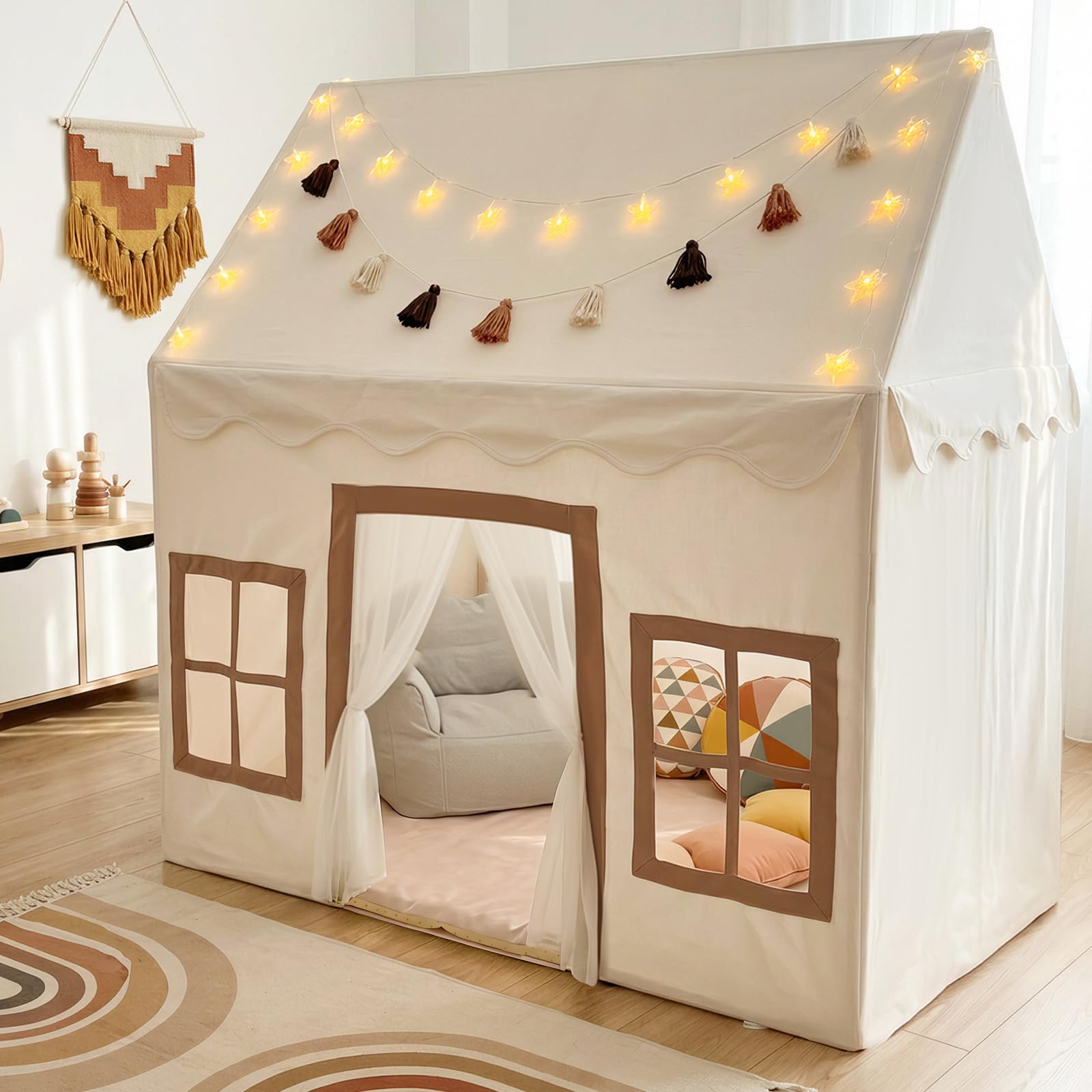 Photo 1 of Play Tent with Mat, Star Light, Large Kids Playhouse with Windows Easy to Wash, Indoor and Outdoor Play Tents for Kids, Little Dove Toys for Girls, Boys, 52x35x52 (Beige Playhouse, Large Size)