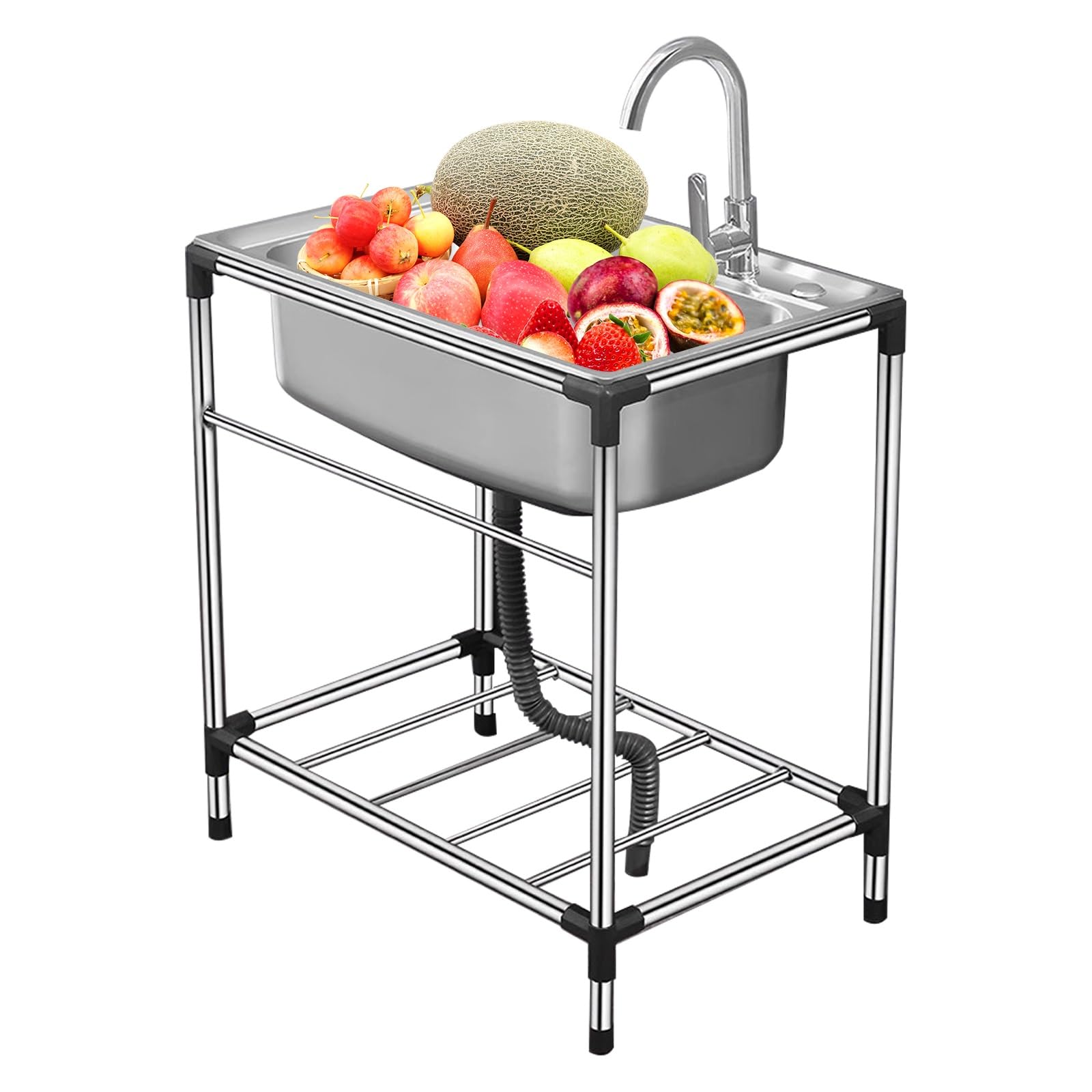 Commercial Restaurant Sink,304 Stainless Steel Single Bowl Basin Sink,Freestanding Catering Commercial Sink,for Garage,Restaurant,Laundry Room,Indoor Outdoor,w/Storage Sh(Single Cold Faucet-58*43cm)