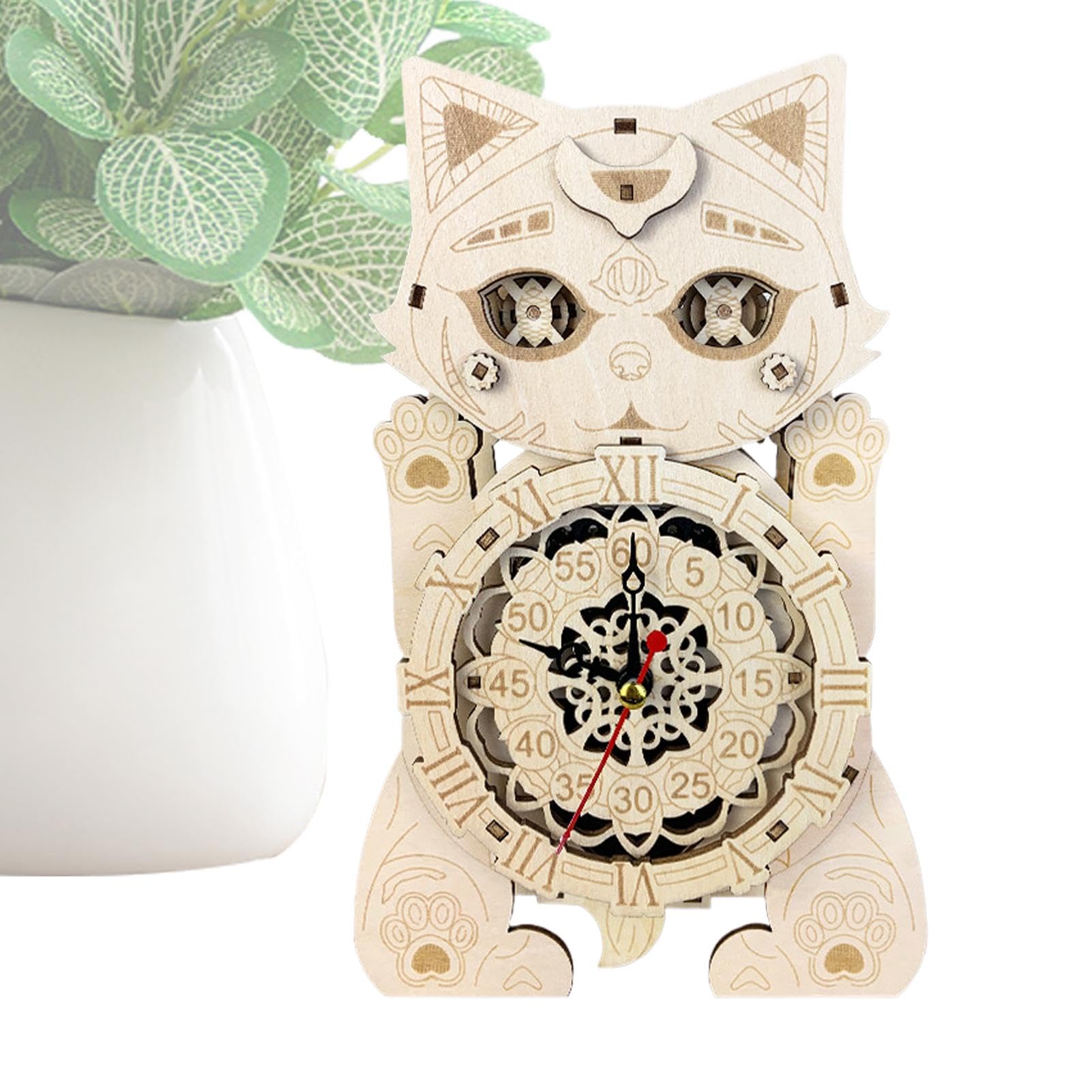 Wooden Model Set for Adults - Puzzle Clock Cat Model for Assembling the Clock Wooden Craft Kit with Clock Design