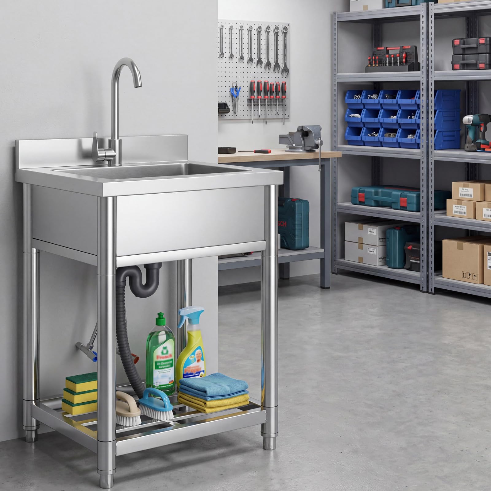 Fregadero con Patas Acero Comercial de Acero Inoxidable | 50 x 55 x 94 cm Fregadero de Cocina Independiente con Grifo, Fregaderos Industriales para Exterior, Cocina, Garaje, Jardín
