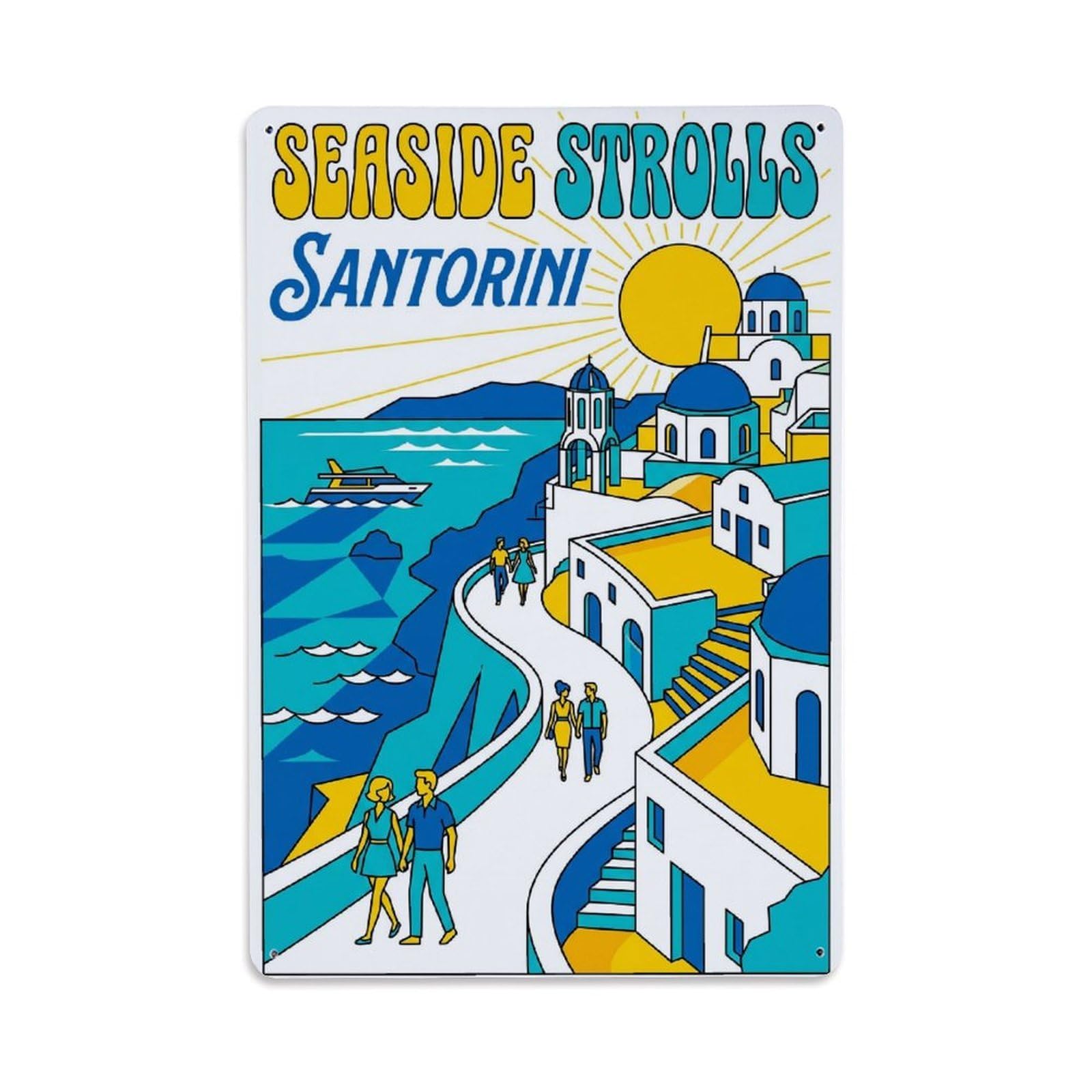 Gead 8X12inch Style Vintage Travel Santorini Seaside Strolls Metal Tin Sign