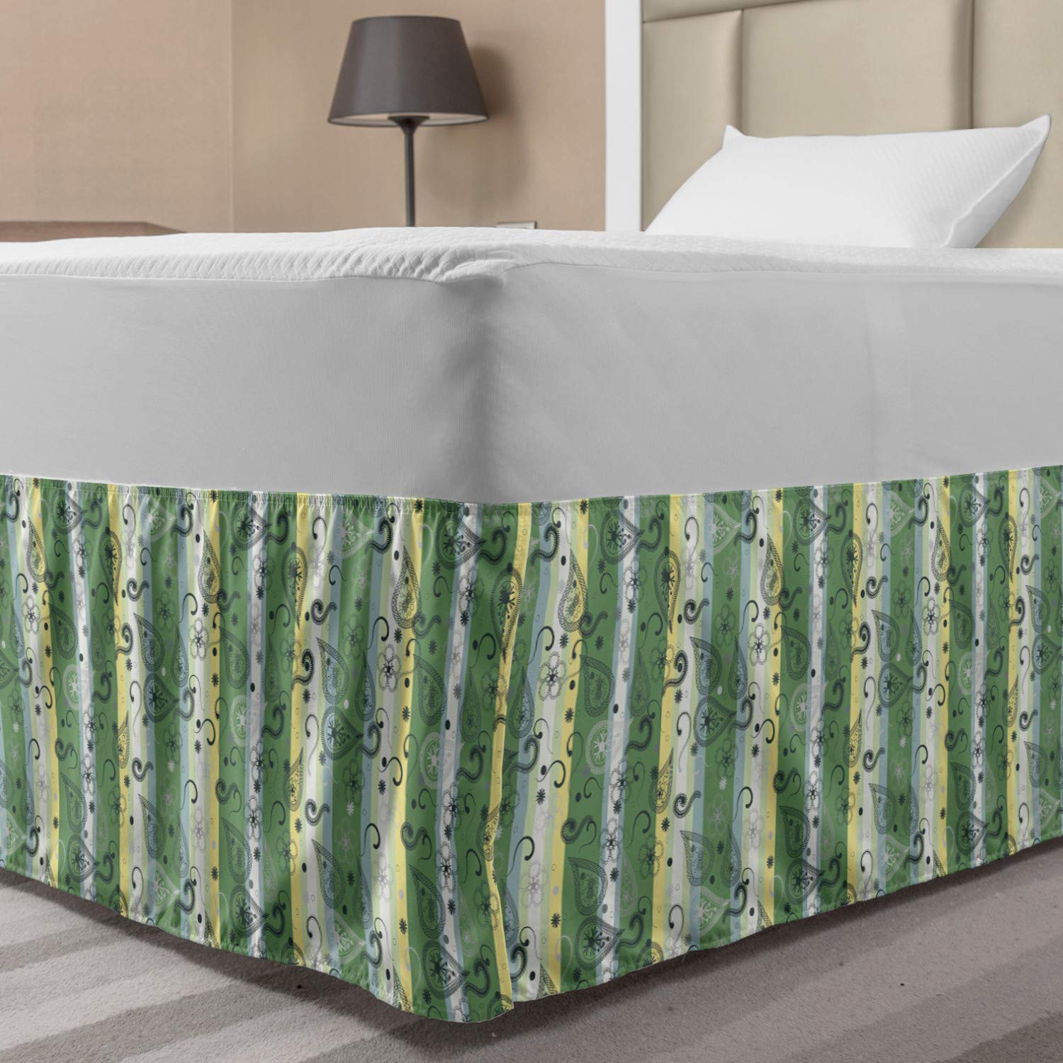 Lunarable Striped Elastic Bed Skirt Paisley Leaves with Flower Forms on Stripe Back Bloom Eastern Print Wrap Around