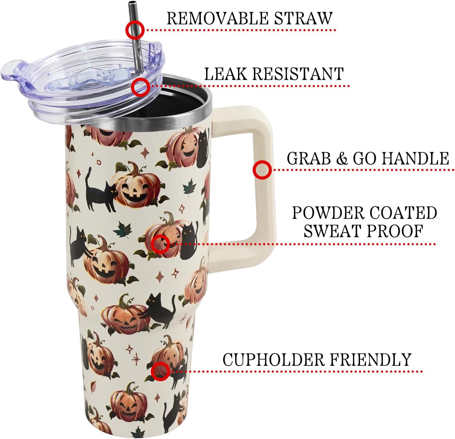 Fall HalloweenTumbler with Lid and Straw 40oz,Pumpkin Black Cats Vacuum Autumn Insulated Leak Proof Tumbler,Farmhouse Cute Gifts Women Girls,Fall Accessories Stainless Steel Coffee Cup - Image 4