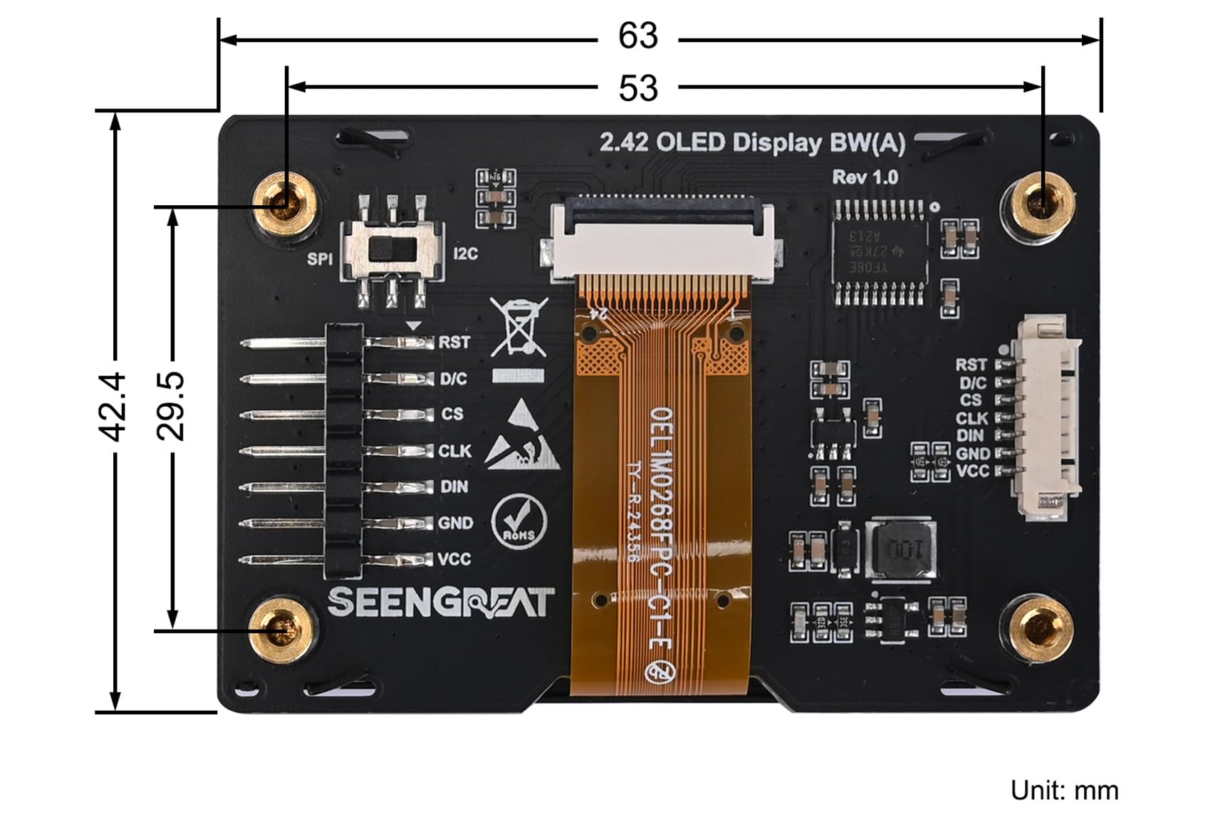 thumbnail: 2,4 Inch OLED Display Module - 128x64 Resolutie, SPI/I2C, Compatibel Met Raspberry Pi En Arduino, SSD1309 Chip