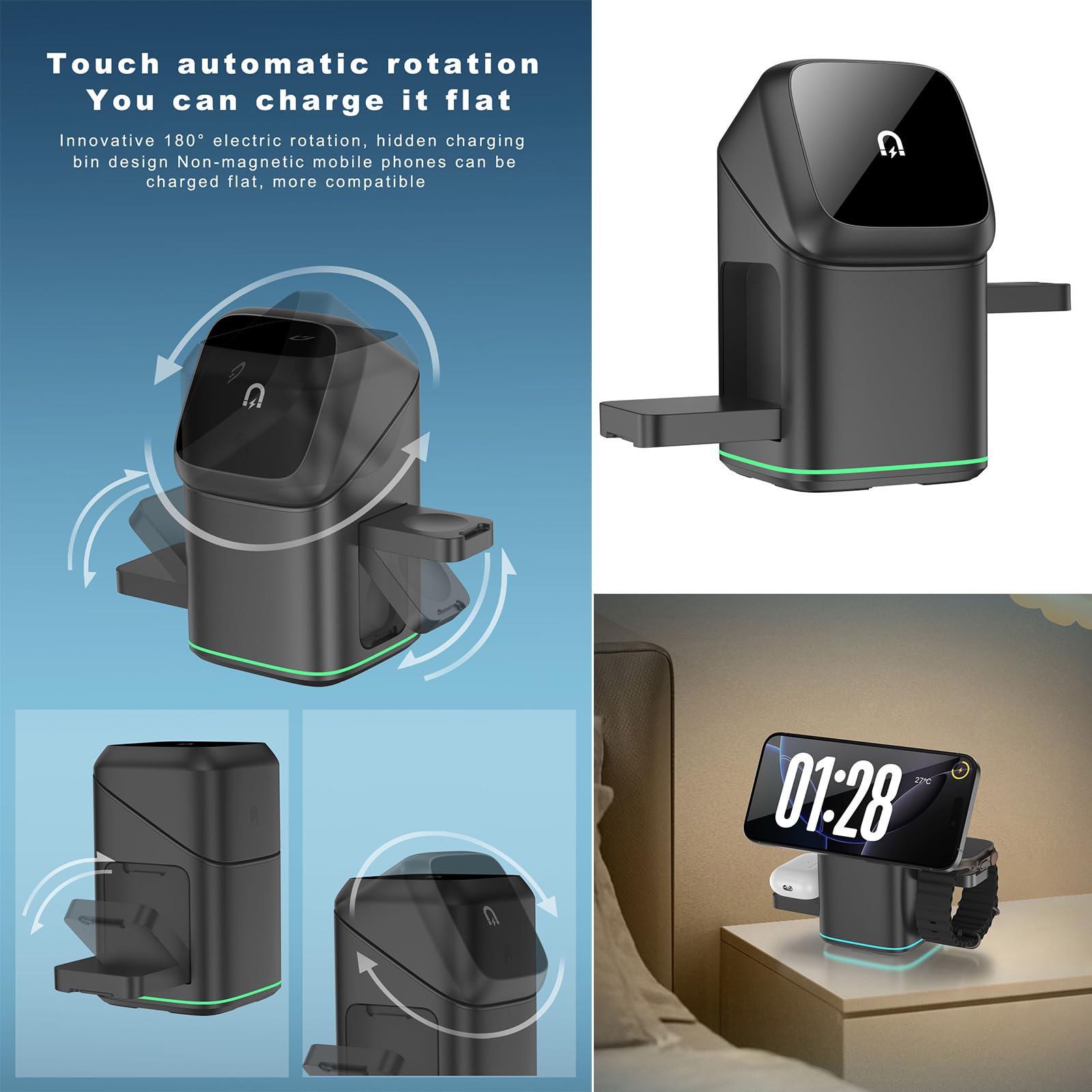 Stazione Magnetica Rotante in Metallo con Ricarica Veloce da 15 W per dispositivi Multipli Telefono Auricolare Smartwatch Metallo per Ufficio Veloce
