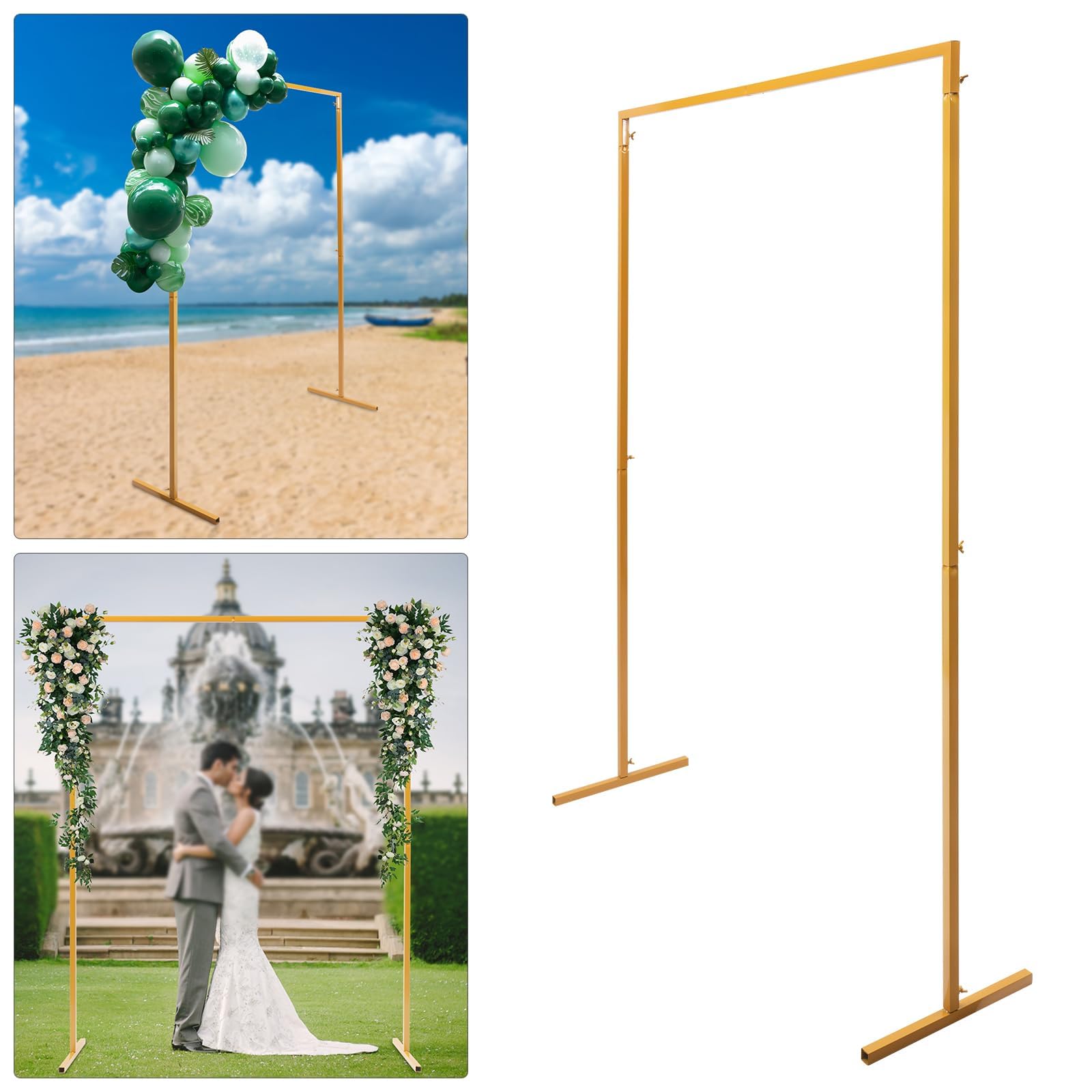 2 x 1,5 m Arco di nozze rettangolare, cornice in metallo dorato per festa | Tubo in acciaio zincato, 5 kg, struttura T stabile, anti-corrosione, smontabile, per matrimonio e compleanno