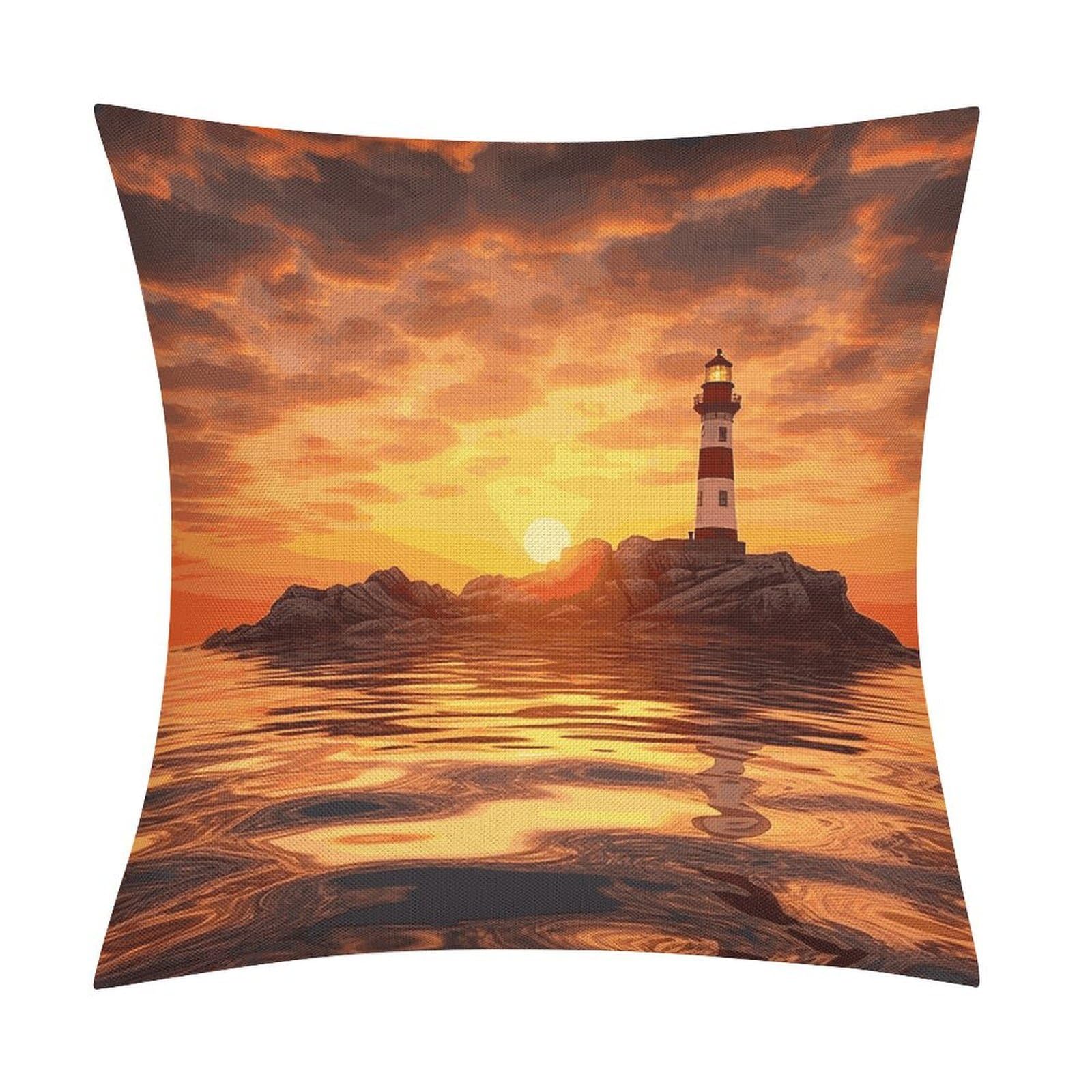 Adfgyerh Style Sea Lighthouse In Sunset Pillow Covers Soft And Comfortable Invisible Zipper ，Home Decor 18X18 Inch Edging Technology，Throw Pillow Covers For Couch Sofa Bedroom Living Room.