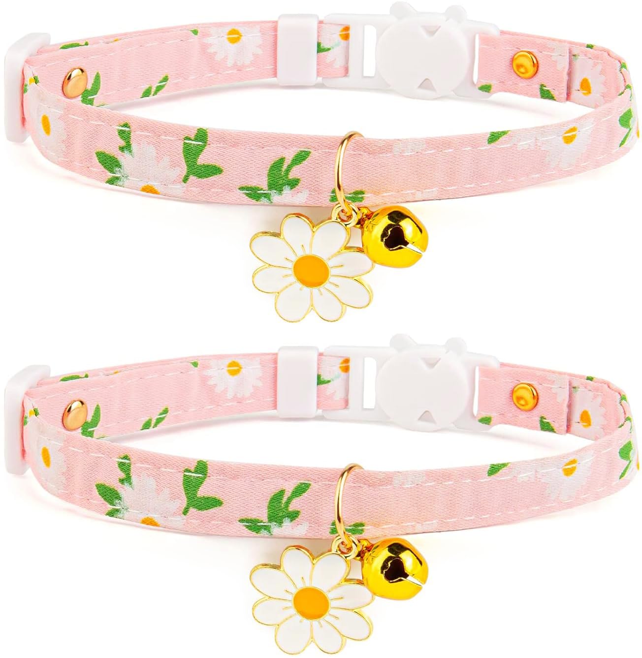 2 Pack Cotton Cat Collar with Yellow Pendant and Kitten Collar with Bell (2 Pink Flowers), 17.8-29.2 Centimètres
