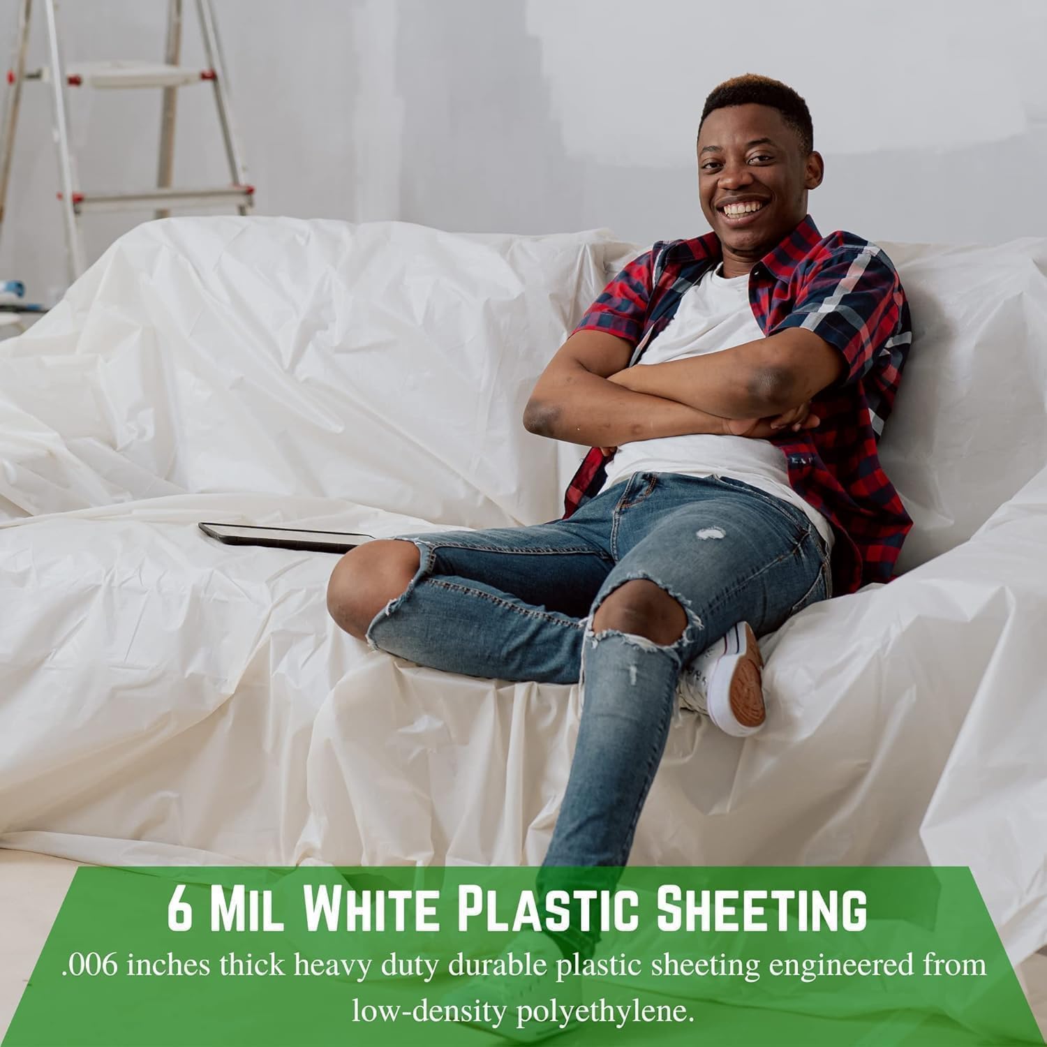VBS - 6 mil White Construction Plastic Sheeting - Thick Plastic Sheeting, White Plastic Tarp, Construction Plastic, Dust Containment, Drop Cloth Vapor Barrier, White Plastic Sheeting (20' x 100')