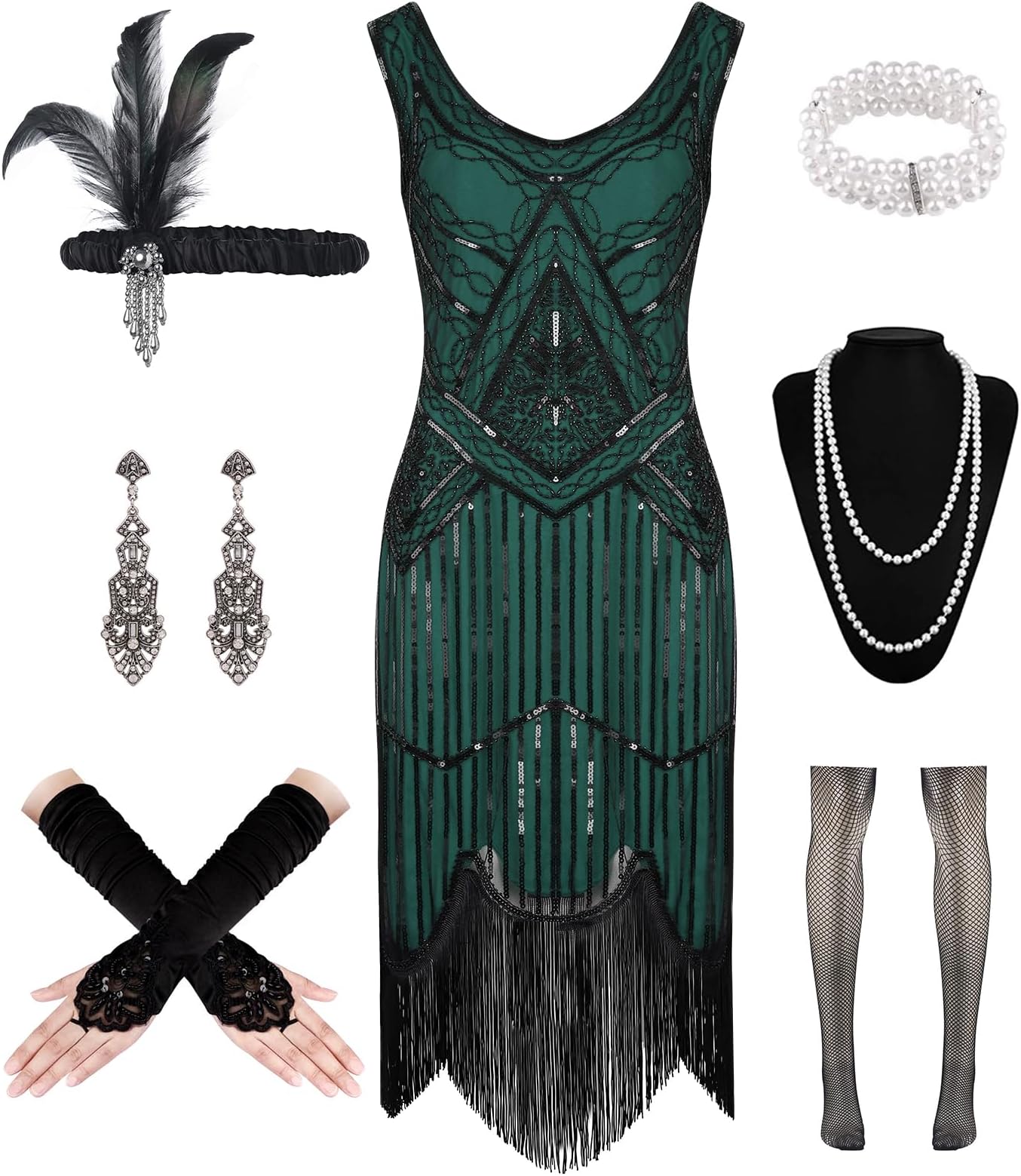 WILDPARTY1920S Women Flapper Dress V Neck Sequin Bead Fringed Dress Cocktail Dress with Roaring 20s Accessories