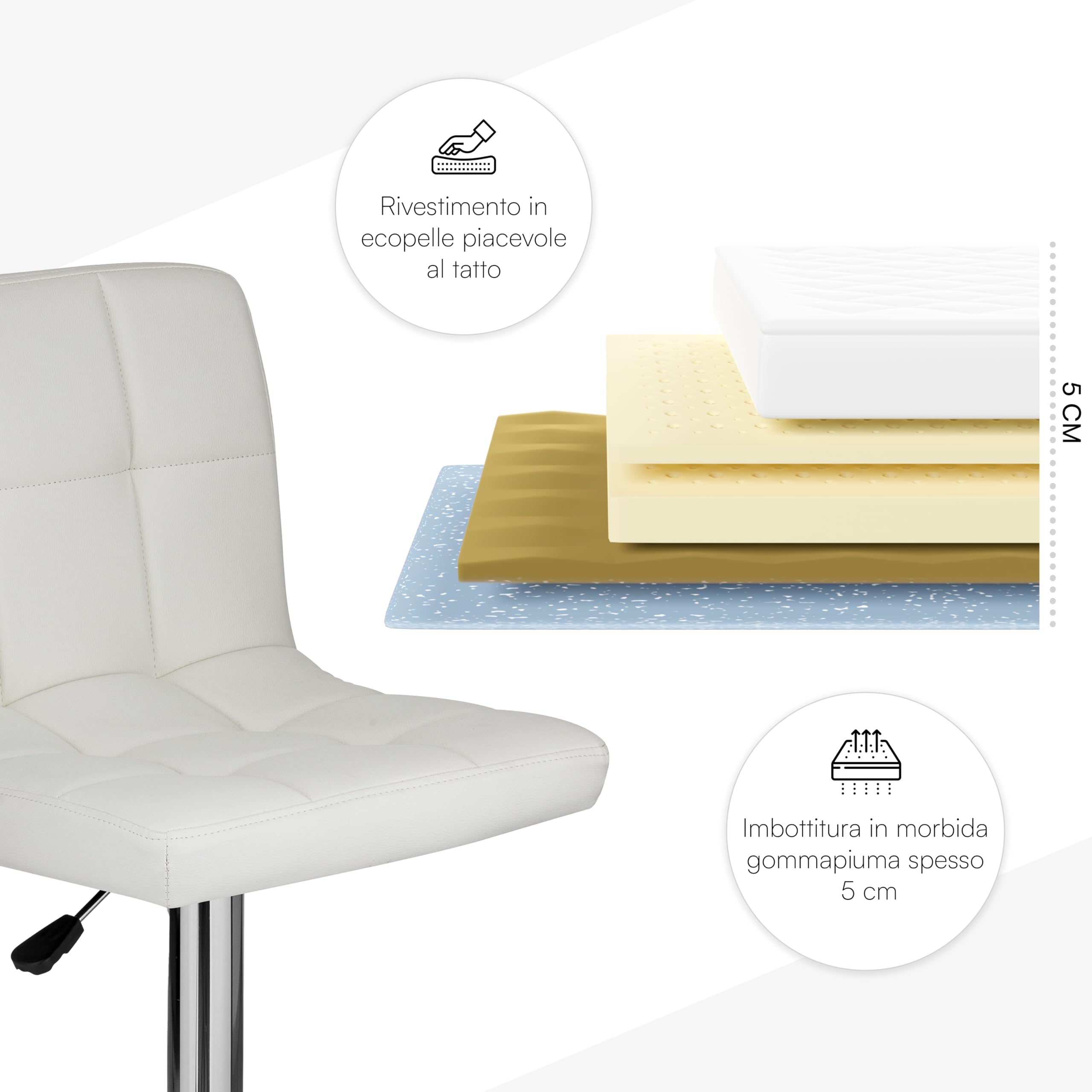 Baroni Home Tabouret de Bar Revêtement en Similicuir, Chaise de Bar Hauteur Réglable, Tabouret Tournant 360°, Dossier Ergonomique et Repose-Pieds, Structure en Acier, 1 Pièce, Blanc, 38x43,5x115 cm