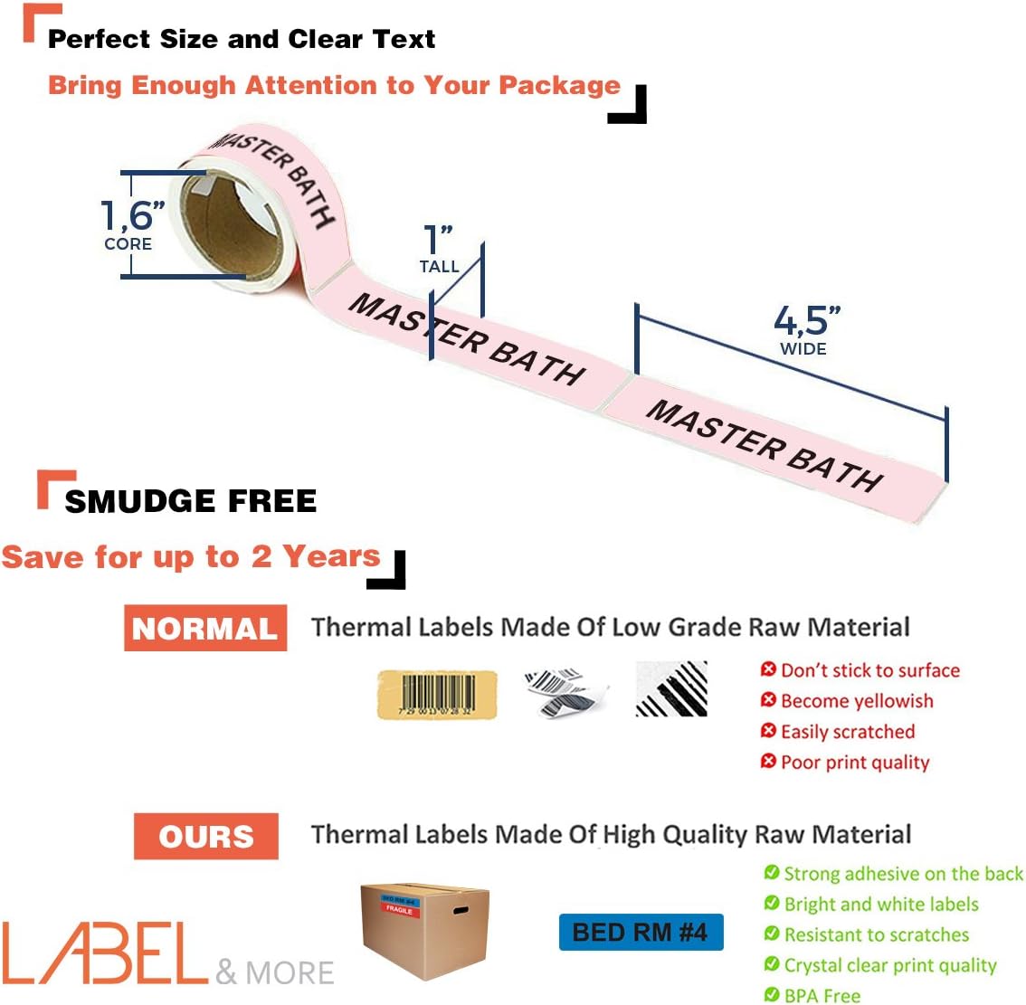 Home Moving Labels Box and Packing Labels for Moving 1"x4.5" Color Coded Moving Sticker, Including 14 Different Room Types + 1 Fragile Stickers + 1 Blank White[16 Rolls,800 Labels]LABEL&MORE