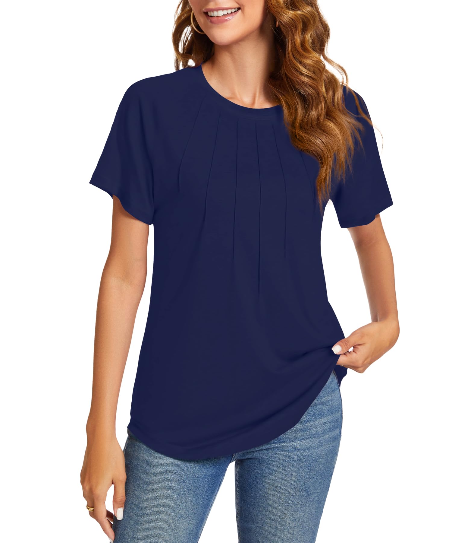 YSYOKOW Womens Summer Tops Casual Short Sleeve Shirts Dressy Blouses Trendy Pleated Tunic