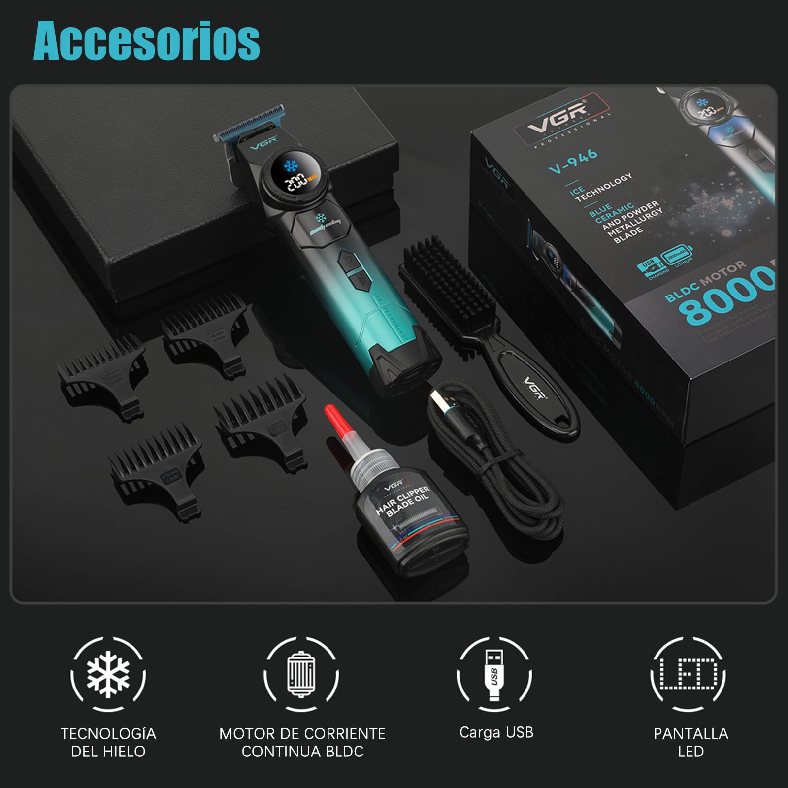 VGR 946 Maquina de Cortar Pelo Hombre, Función de Refrigeración | Inalámbrica Maquina Cortar Pelo Hombre Conhoja de Metalurgia de Polvo Cerámico Azul, Motor 8000 RPM, Pantalla LED