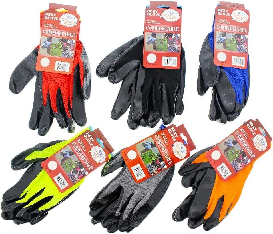 Work & Gardening Gloves for Women & Men with Polyester Nitrile Coating Protective Second Skin - Assorted Colors - 6 Pack - (Small)