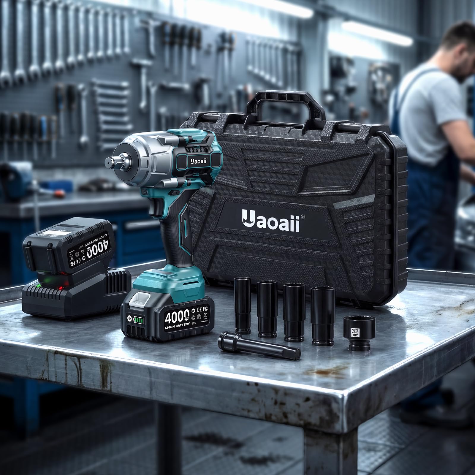 Avvitatore a impulsi a batteria 1600 Nm 1/2", 2 batterie 4000mAh con caricatore rapido, 21V Avvitatore Elettrico bussole 17-19-21-24 mm + prolunga 5", ideale per auto, camion, garage, officina