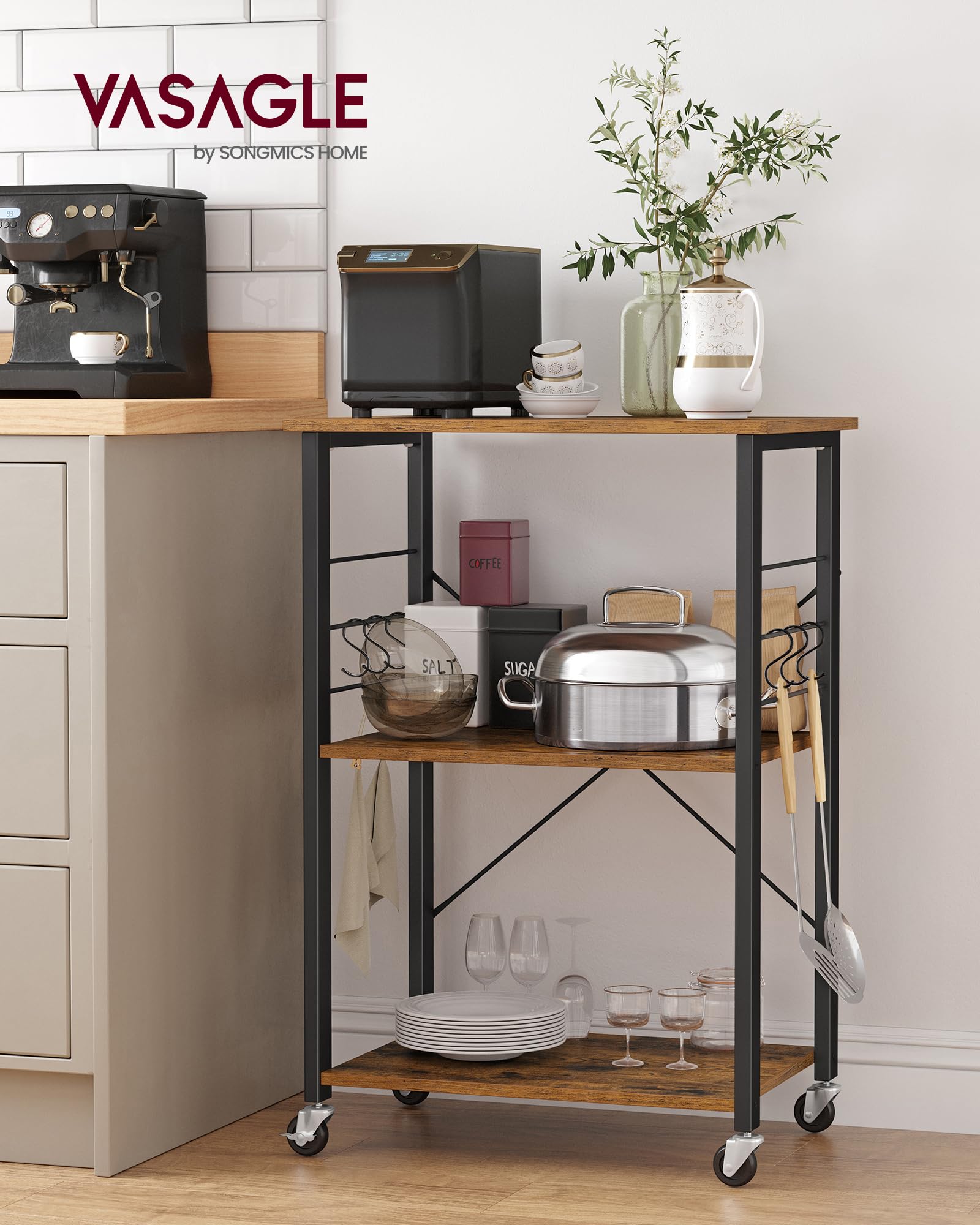 VASAGLE Carrello da Cucina con Rotelle, Carrello di Servizio con 3 Ripiani, Scaffale per Microonde, Struttura Metallica con 6 Ganci, 40 x 60 x 89 cm, Marrone Vintage e Nero Inchiostro KKS60XV1